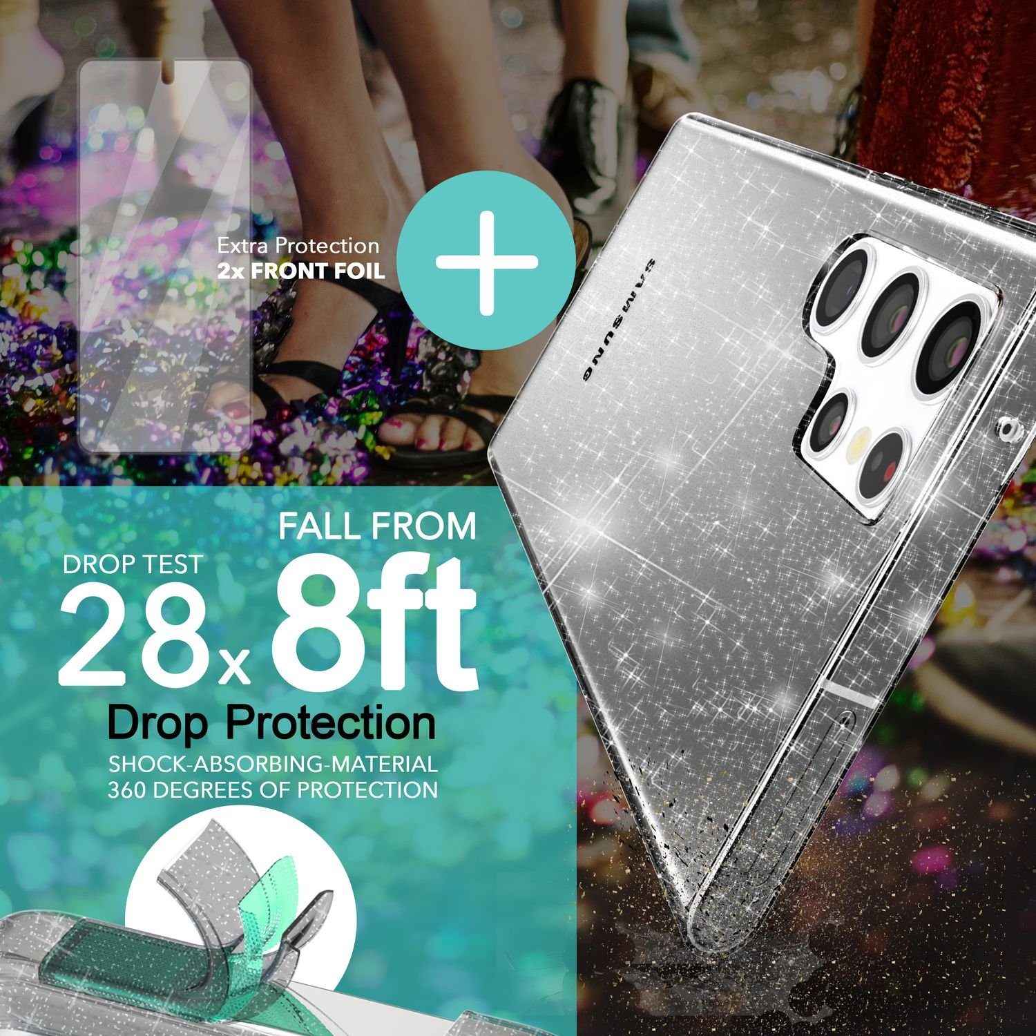Nalia Smartphone-Hülle Samsung Galaxy S23 Ultra 17,3 cm (6,8 Zoll), Klare Glitzer Silikon Hülle / 2x Displayschutz / Glitter Bling Cover