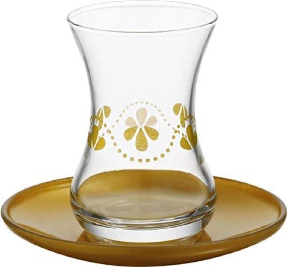 LAV Teeglas 12tlg. LAV "Ikram" Türkische Premium Teegläser Set 12-Teilig Gläser  Cay Bardagi Seti Modern Luxus mit Unterasse für 6 Personen 135ml, Glas