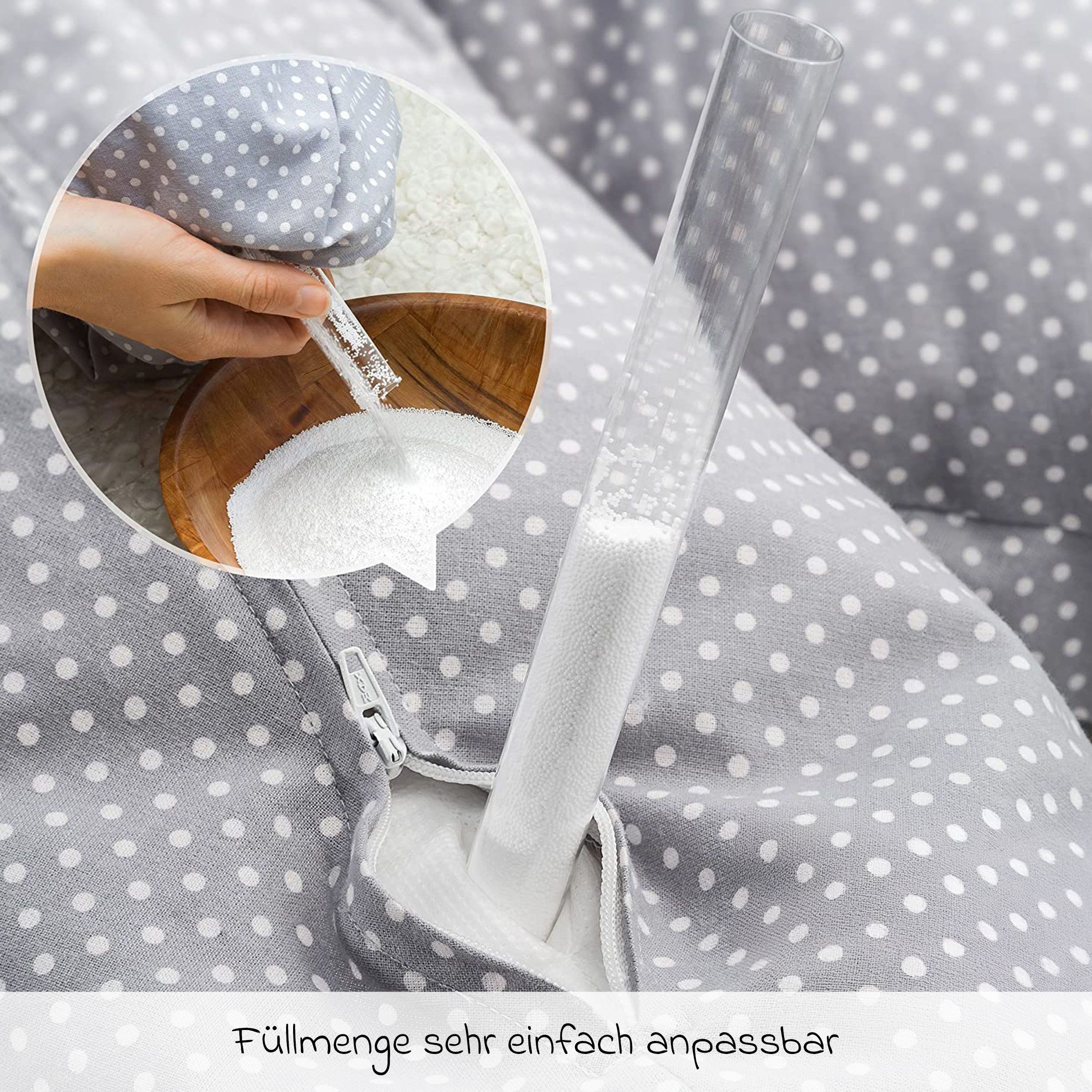 Theraline Stillkissen Dodo Premium - Polka Dots - Grau, Schwangerschaftskissen 180 cm inkl. Baumwoll-Bezug & 10x Mulltücher – Bild 4 von 5