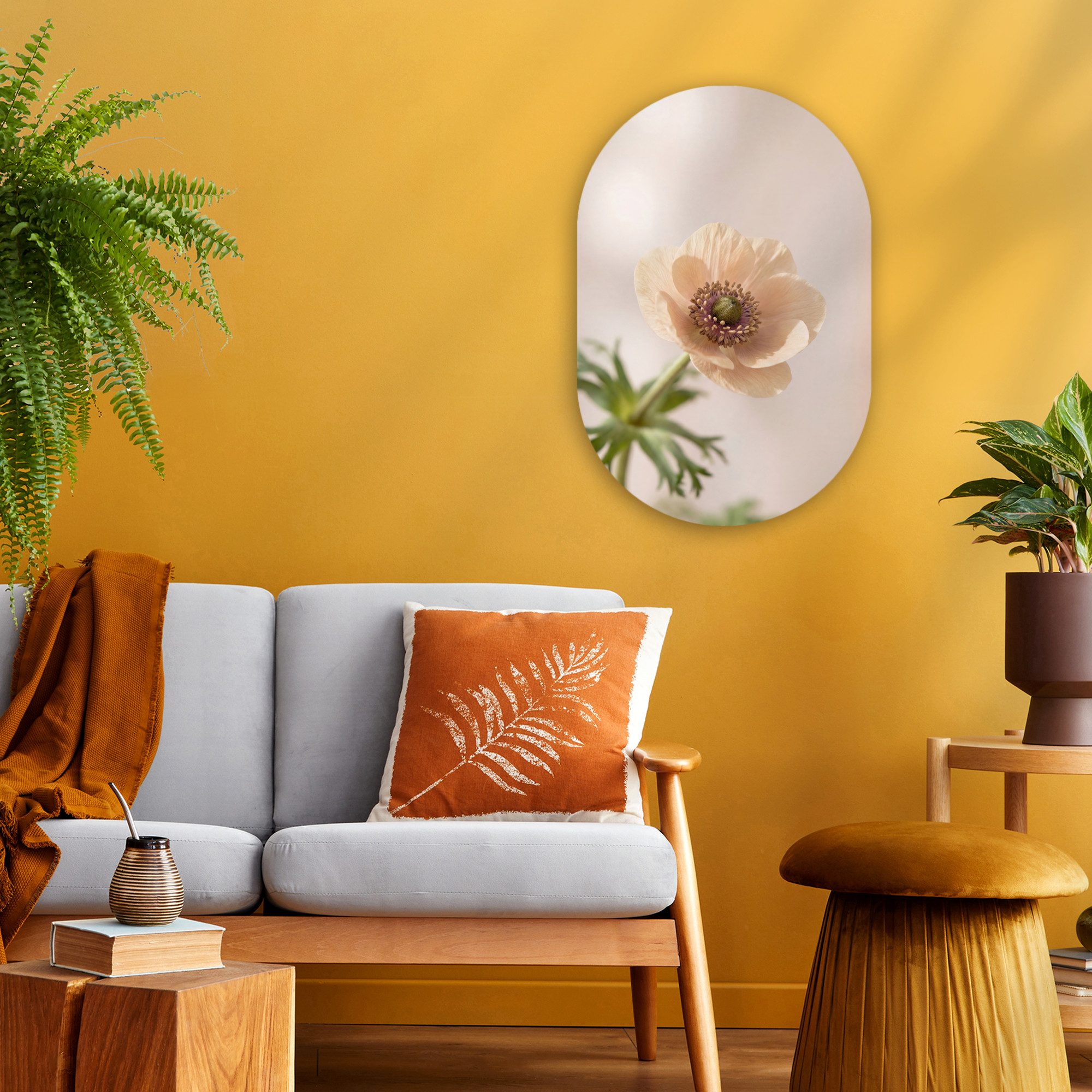 MuchoWow Gemälde Blume - Minimalistisch - Grün, Fotodruck (1 St), Wandbild Oval, Wohnzimmer oder Schlafzimmer Wanddekoration, 40x60 cm