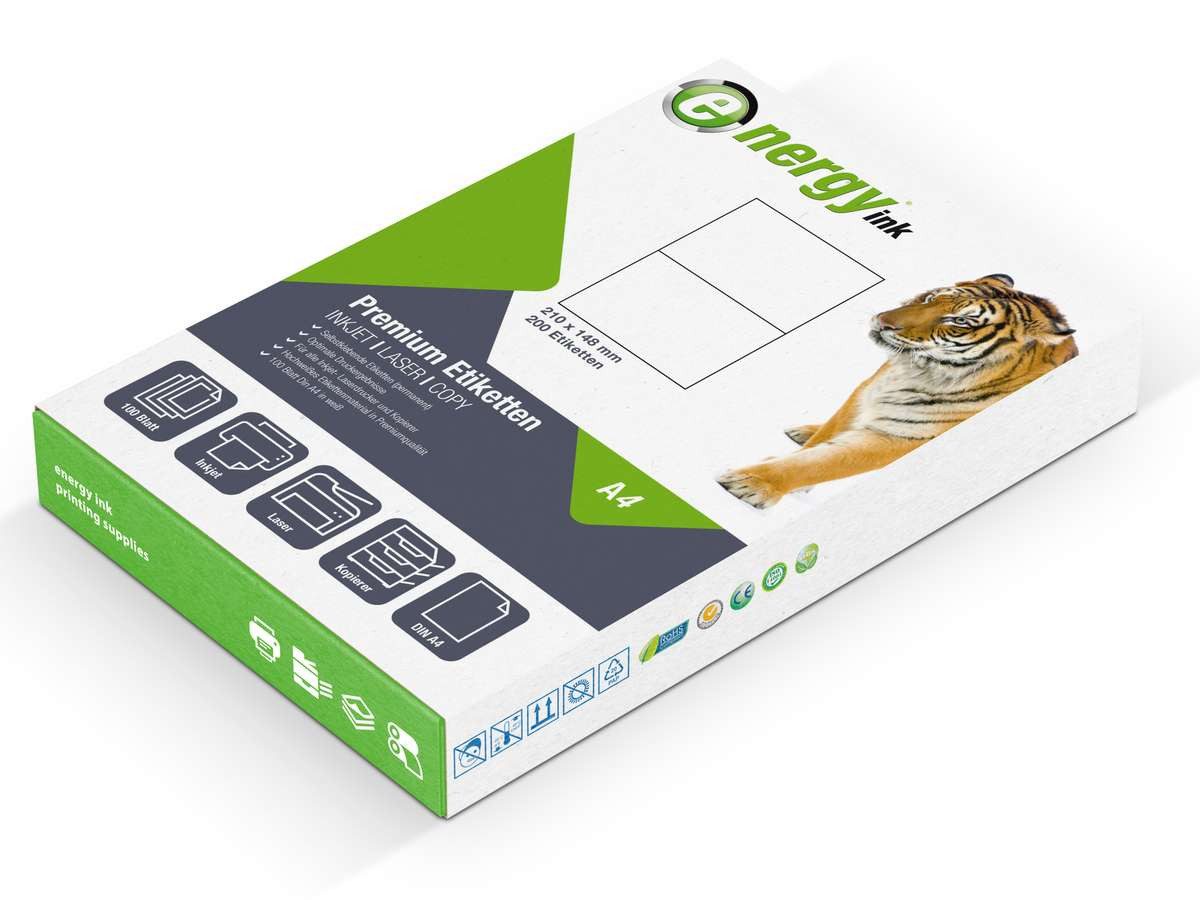 Energy-ink Etikettenpapier energy ink ET210x148, Etiketten 210 x 148 mm 100 Blatt = 200 Etiketten