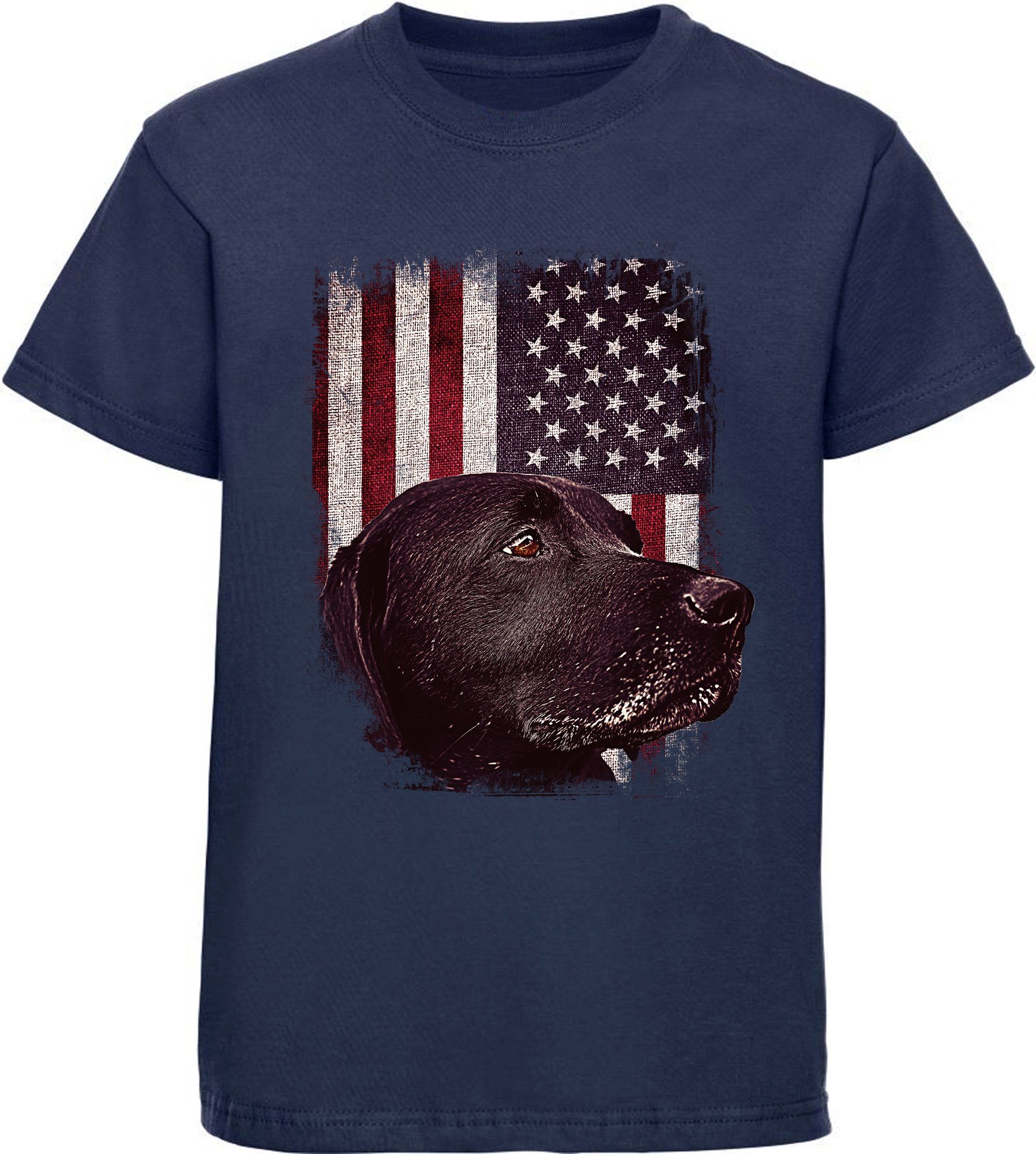 MyDesign24 T-Shirt Kinder Hunde Print Shirt bedruckt - schwarzer Labrador vor USA Flagge Baumwollshirt mit Aufdruck, i246 navy blau