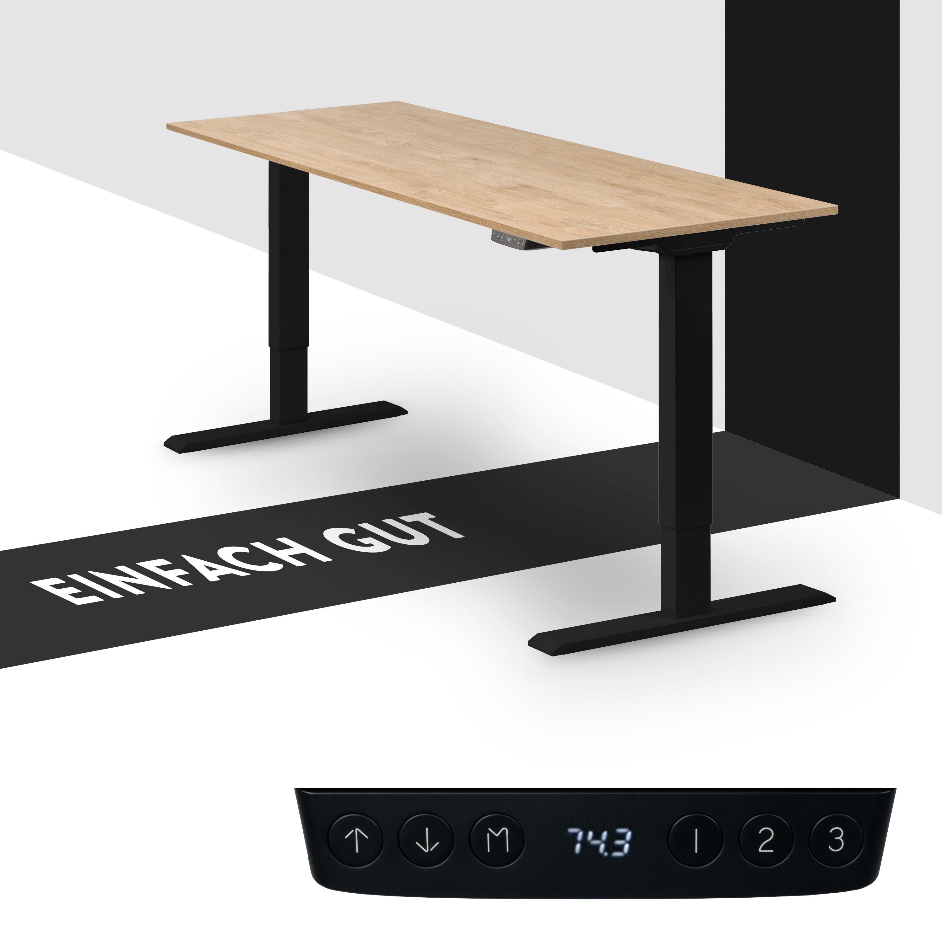 boho office® Schreibtisch Homedesk Eco (Tischgestell Schwarz, Tischplatte Wildeiche 110 x 60 cm), Stehschreibtisch elektrisch höhenverstellbar, 3 Speicherplätzen Schwarz | Wildeiche