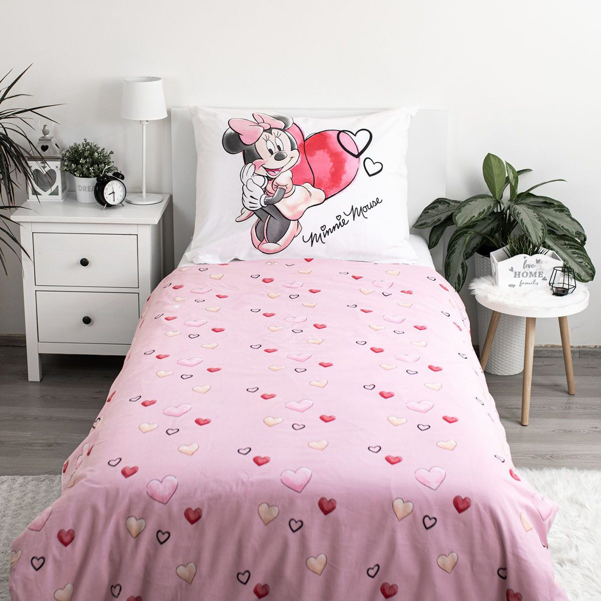 Disney Minnie Mouse Kinderbettwäsche Disney Minnie Maus Bettwäsche-Set Herzen 140x200cm Baumwolle, Renforcé, 2 teilig