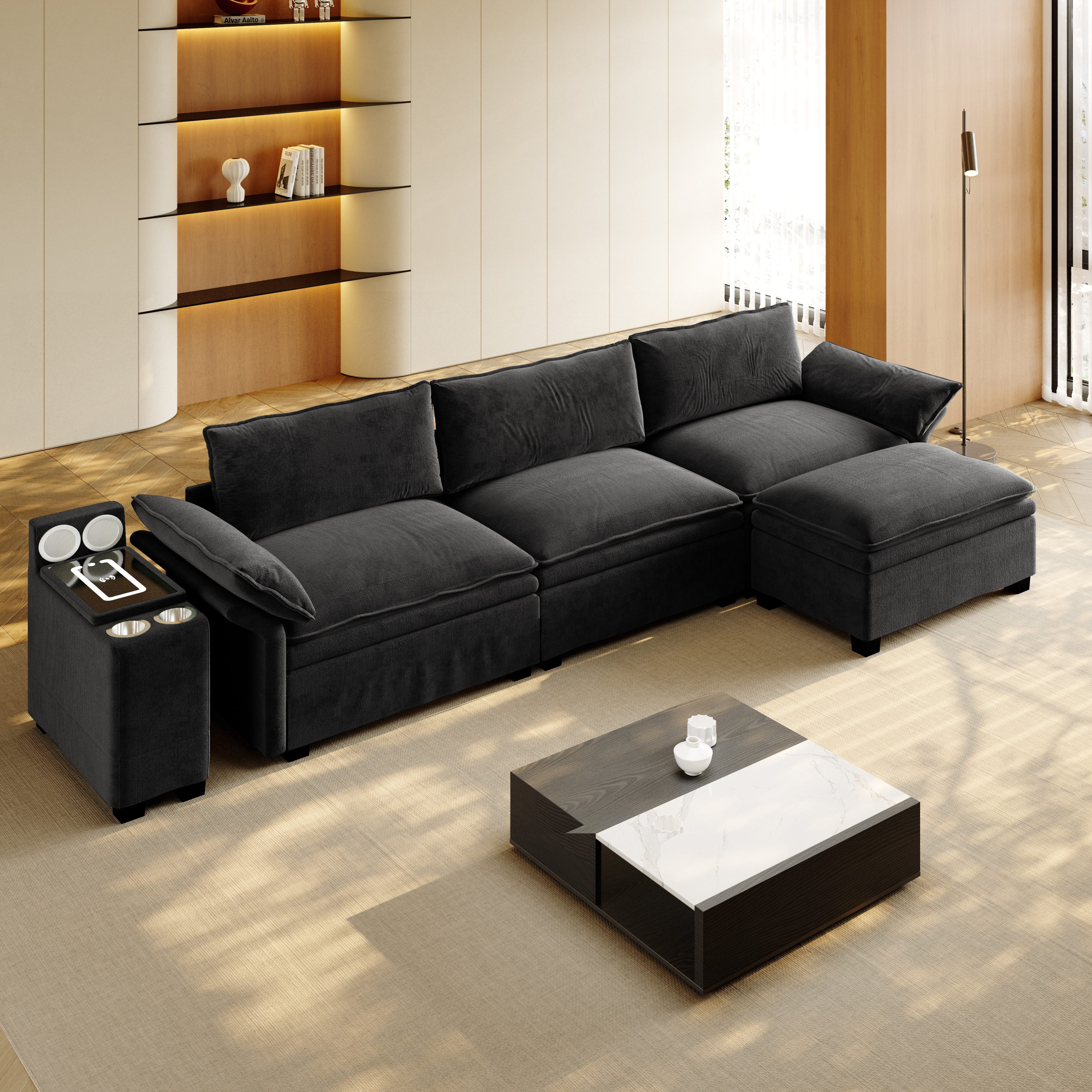 STILVORA Ecksofa 3 Sitzer Sofa L-förmige Chenille Wohnzimmersofa mit Ottoman, Modulares L-Sofa 315cm, Cloud Couch, Ottoman, Chenille, Bluetooth, Licht, kabelloses Laden, flexibel, komfortabel