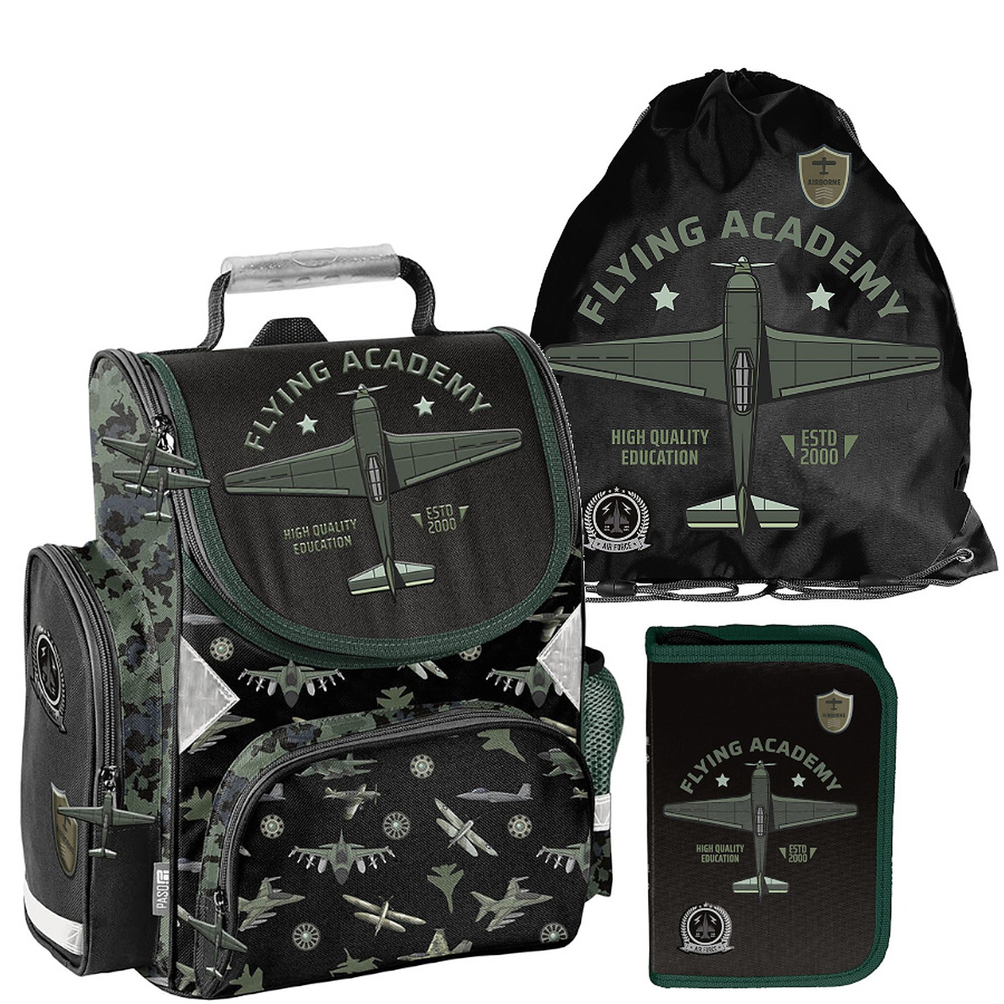 PASO Schulrucksack (Schulset, 3-tlg), Flugzeug, 3-tlg. Set, Schwarz