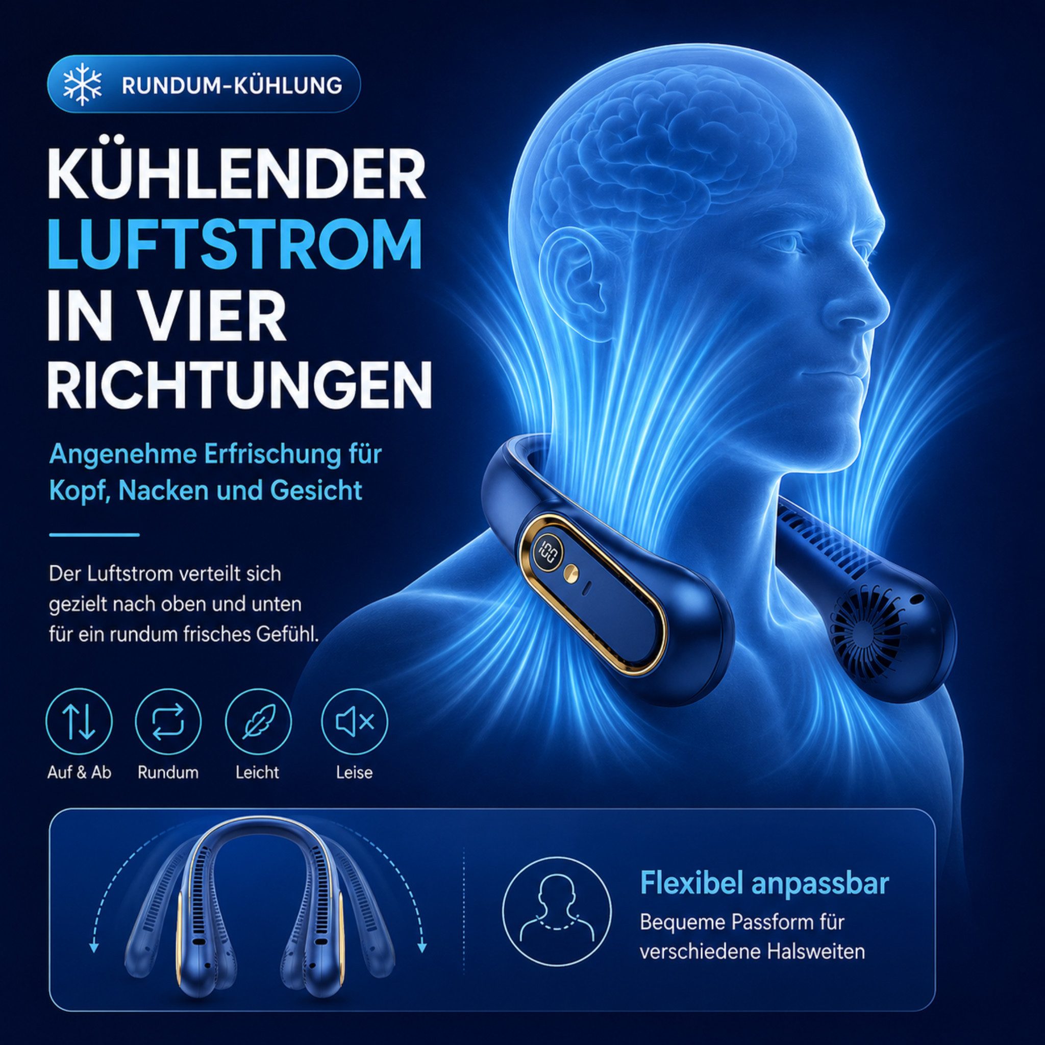 HS.SUPPLY Mini USB-Ventilator Miniventilator, Nackenventilator, Halsventilator, Körperventilator, LED-Display, beidseitiger Luftauslass