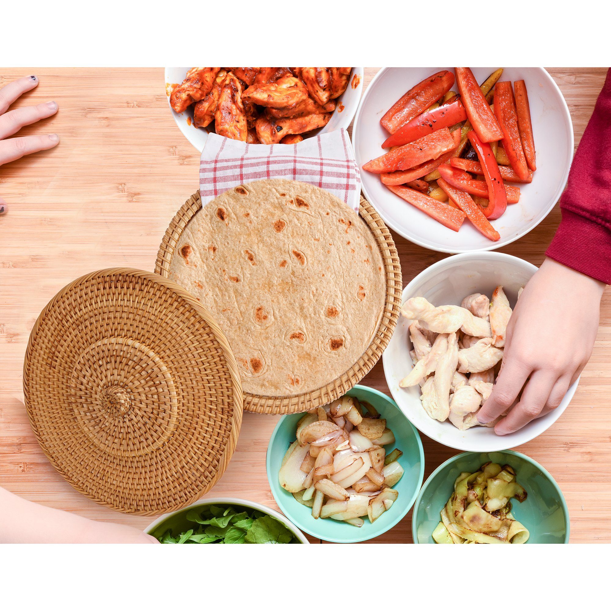 Tortillada Brotkorb Tortilla-Wärmer 26 cm, Rattan, (Set, 2-tlg., inklusive Baumwolltuch), handgemacht, für bis zu 15 Tortillas, mit Baumwolltuch – Bild 5 von 5