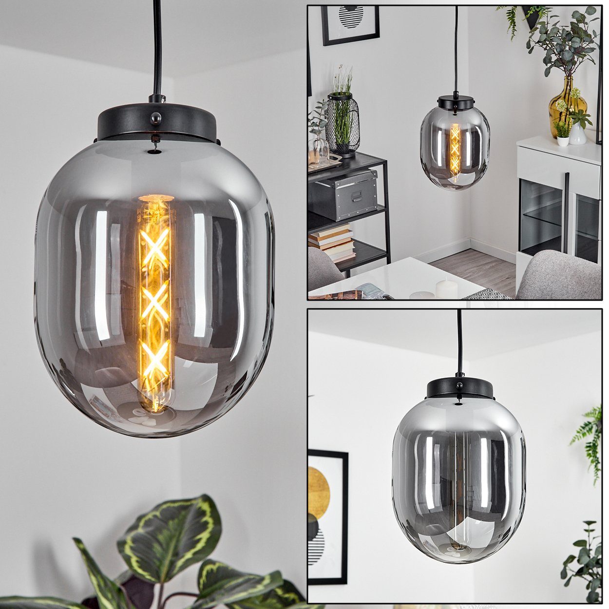 hofstein Hängeleuchte »Pietranera« Deckenlampe aus Metall/Glas in Schwarz/Rauchfarben, ohne Leuchtmittel, Leuchte im modernen Design mit Glasschirm, Höhe max. 150cm, 1xE27