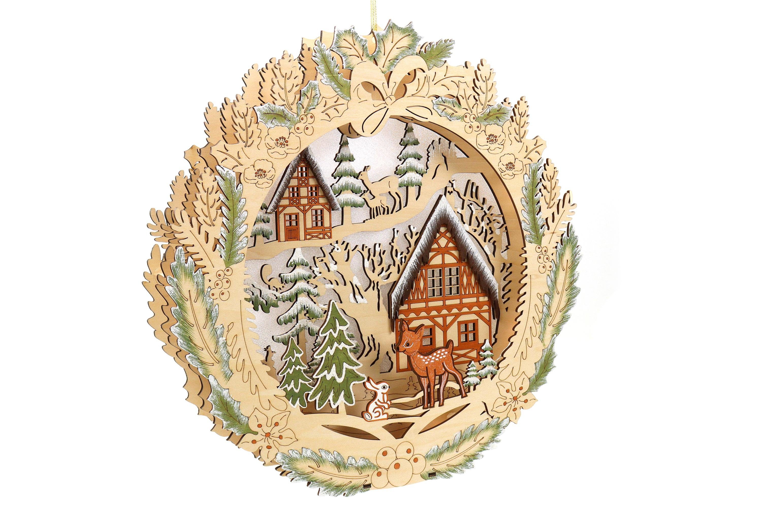 ELLUG Schwibbogen 3D Beidseitiger Holzschnitt, Lichterbogen, On-Off Schalter, 35*6*35cm, aufhängbar, Licht, batteriebetrieben, Timer