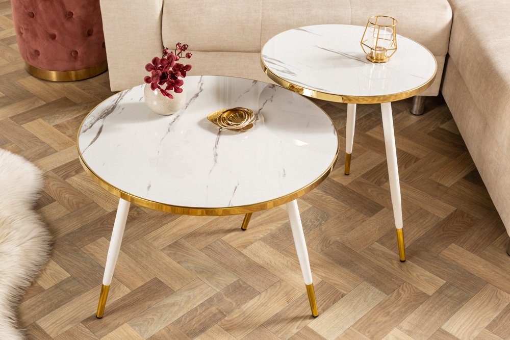 gold Acrylglas / · · gold rund | | Wohnzimmer Marmor-Design weiß weiß weiß, Couchtisch Metall-Beine · 2-St), weiß Ø60cm riess-ambiente (Set, PARIS ·