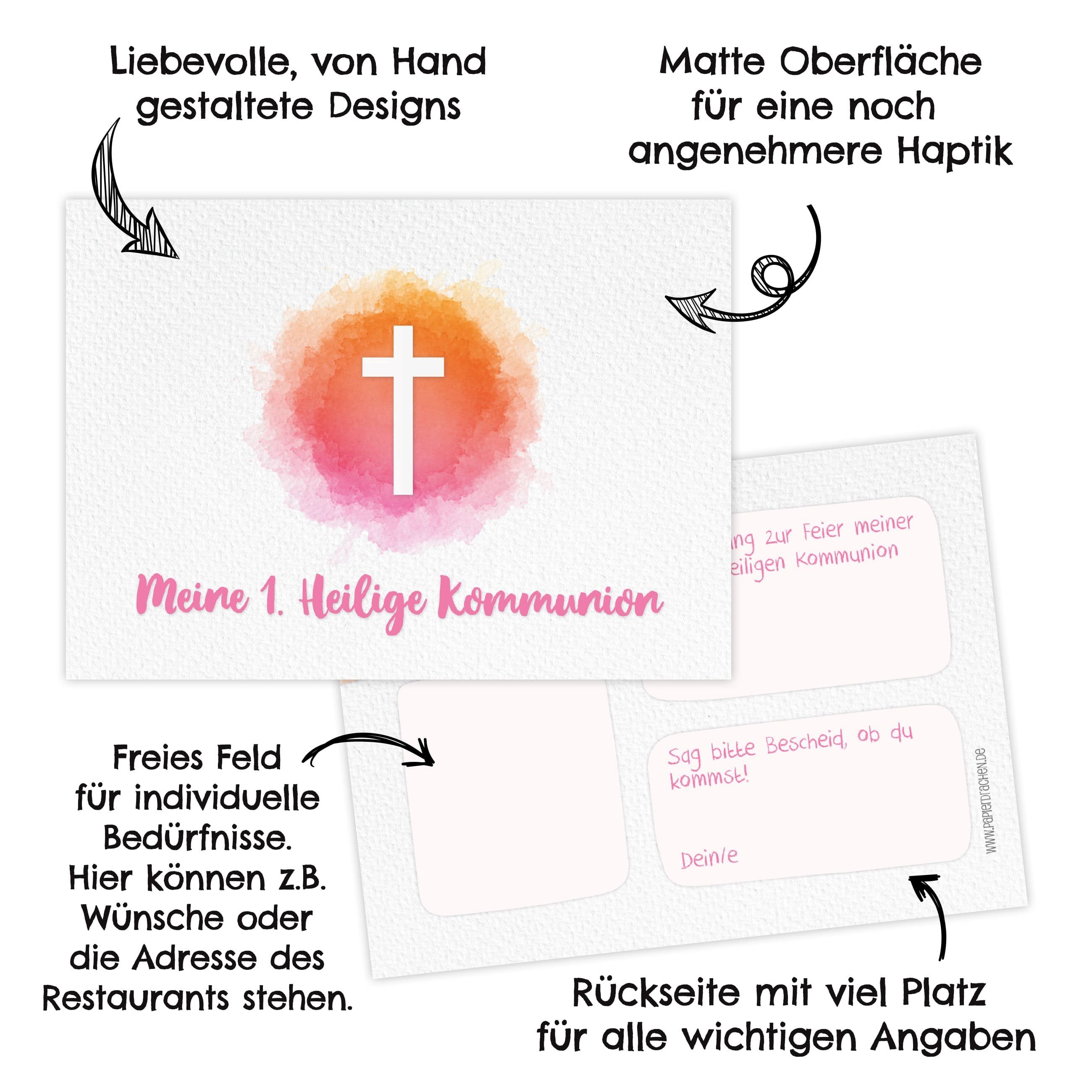 PAPIERDRACHEN Kommunionskarte 12 Einladungskarten zur Kommunion - Einladung zur Heiligen Kommunion, für Mädchen und Jungen -hochwertig gedruckt in DIN A6