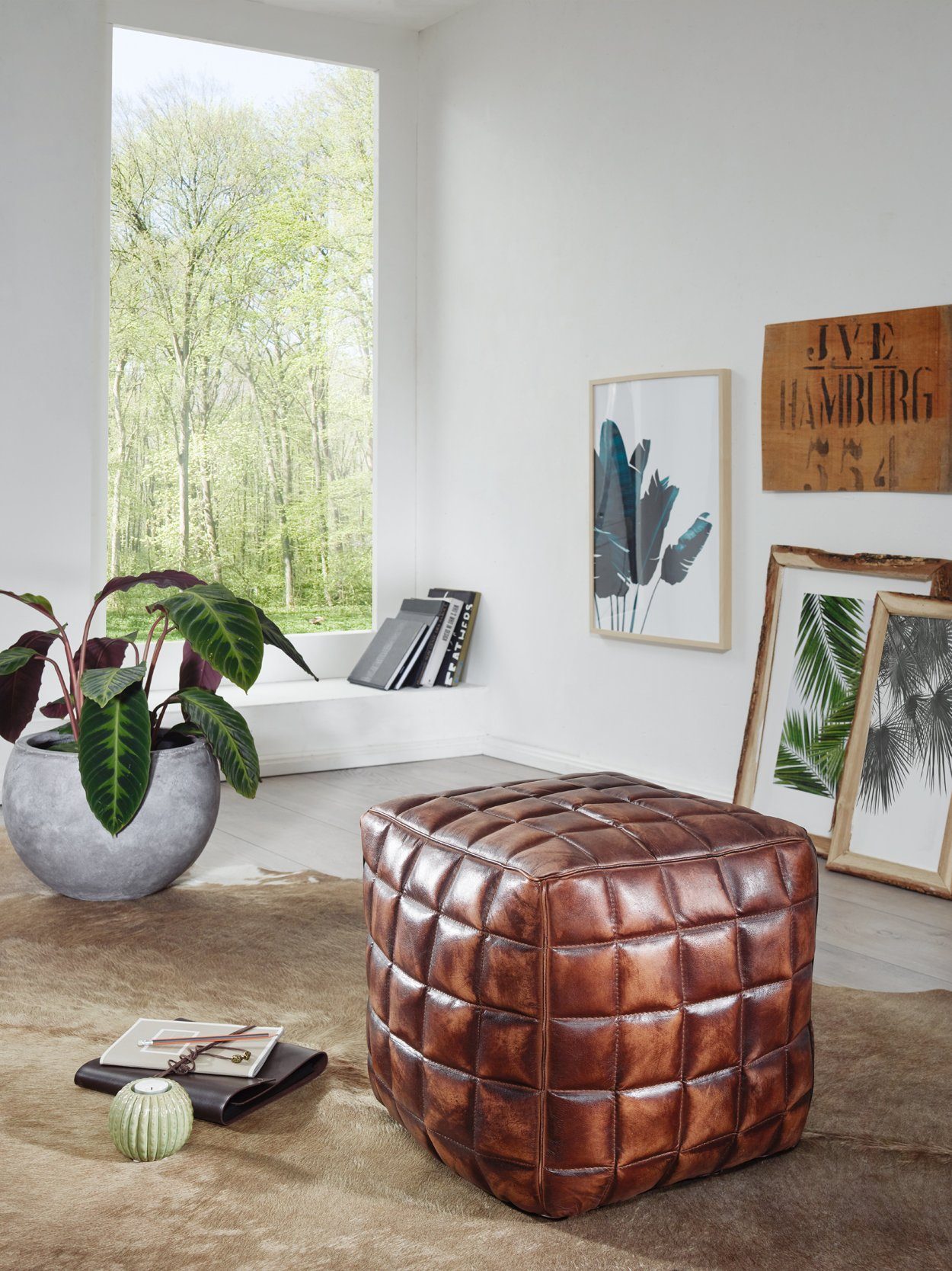 Wohnling Sitzwürfel WL5.331 Leder Ottomane Sitzhocker Hocker Braun Polsterhocker (Echtleder Braun 39x41x39 cm Ottomane Wohnzimmer), Hocker Gepolstert Sitzhocker Beinablage Wohnzimmer