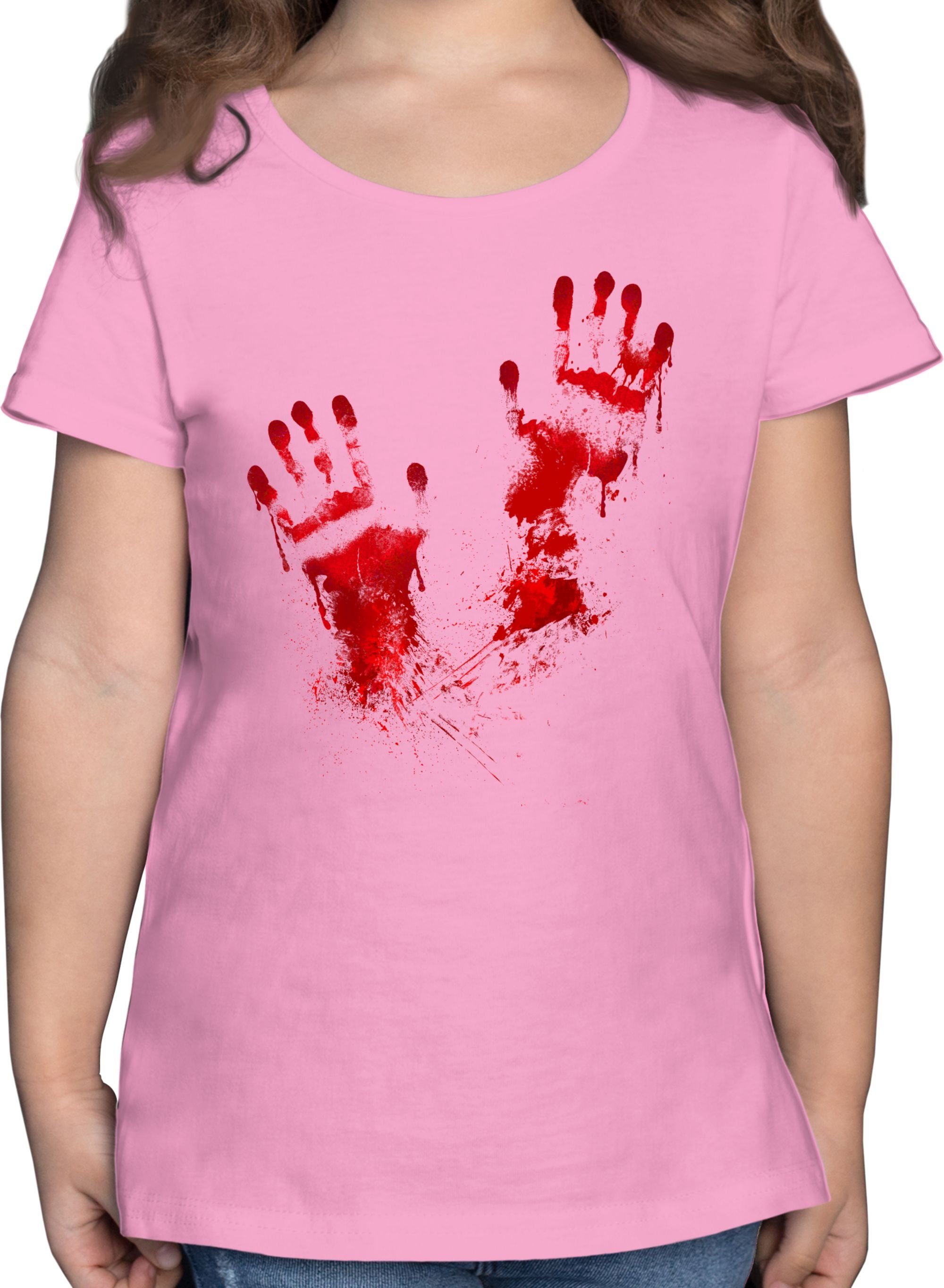 Shirtracer T-Shirt Blutige Handabdrücke Gruselig Blut Handabdruck Halloween Kostüme für Kinder 2 Rosa