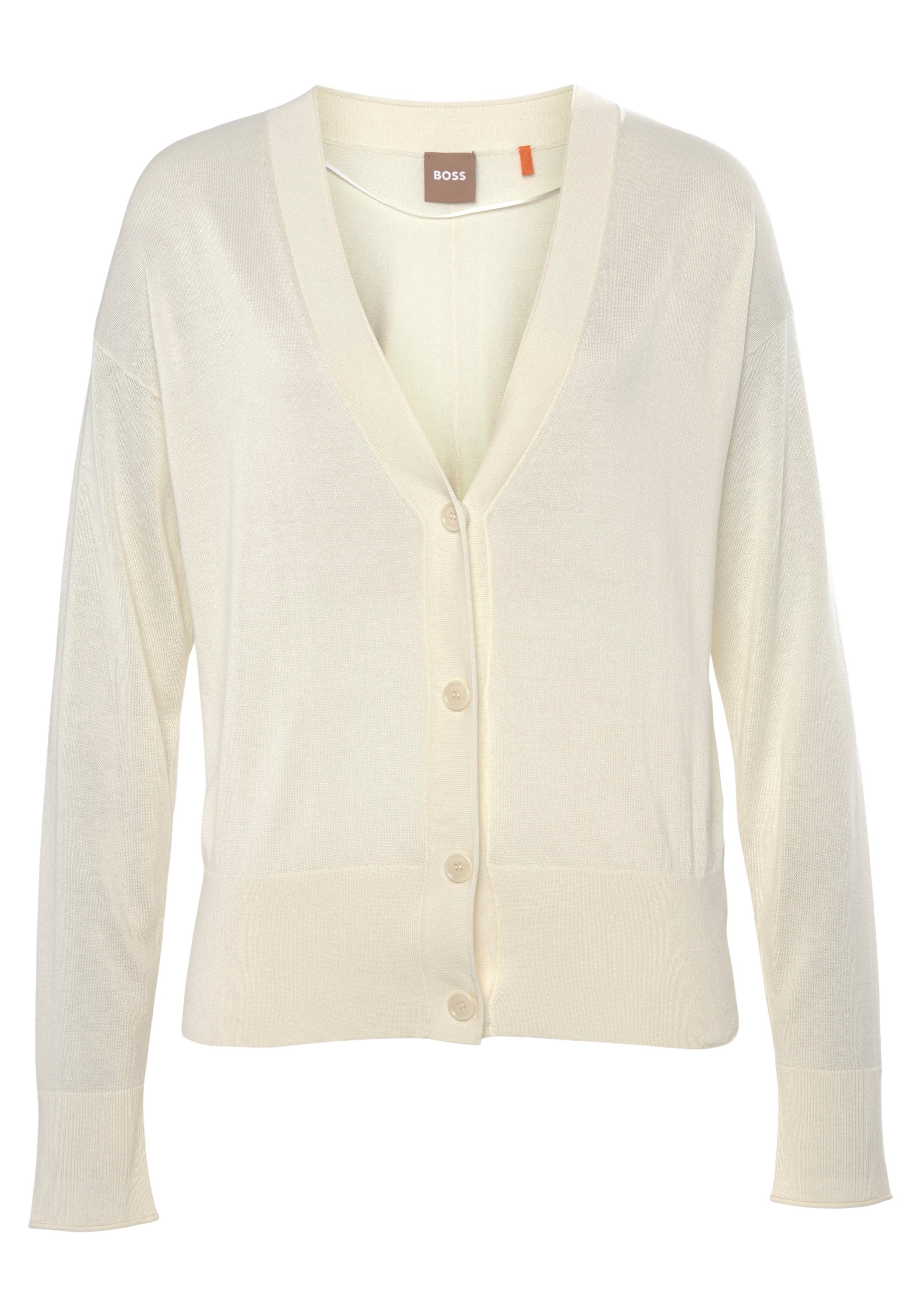 BOSS ORANGE Strickjacke C_Fedasa mit V-Ausschnitt, Kratzt nicht, angenehmer Baumwollmischung Open_White | Cardigans