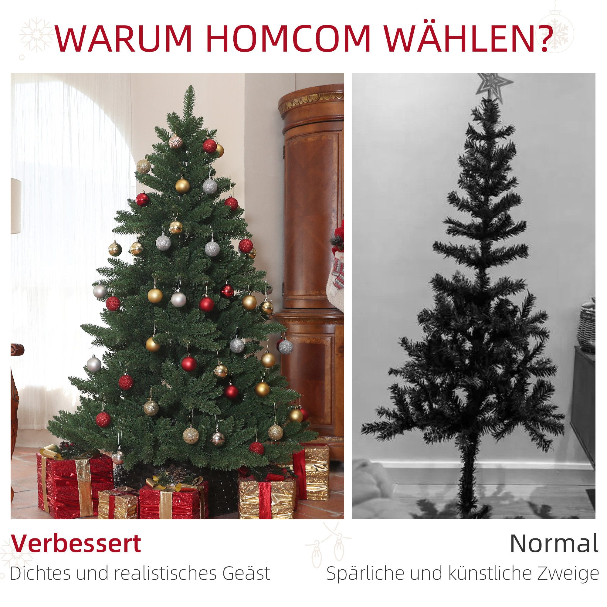 HOMCOM Künstlicher Weihnachtsbaum 180 cm, mit 880 Spitzen, faltbar Stahlfuß, flammhemmend, Nordmanntanne, für Weihnachten Deko, Indoor, Grün