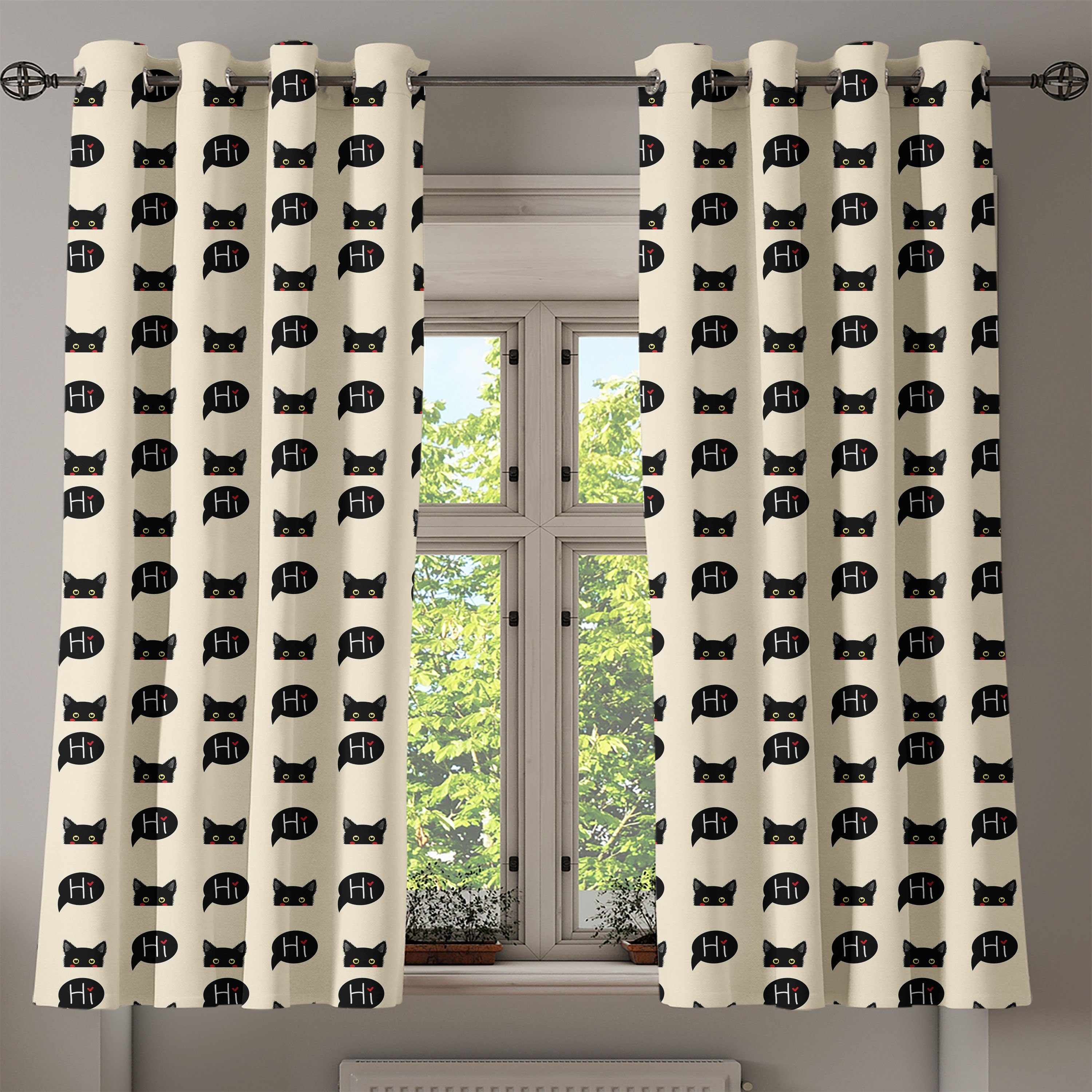 Kitties Schwarz Schlafzimmer für Abakuhaus, 2-Panel-Fenstervorhänge Hallo Dekorative sagt Katze Wohnzimmer, Gardine