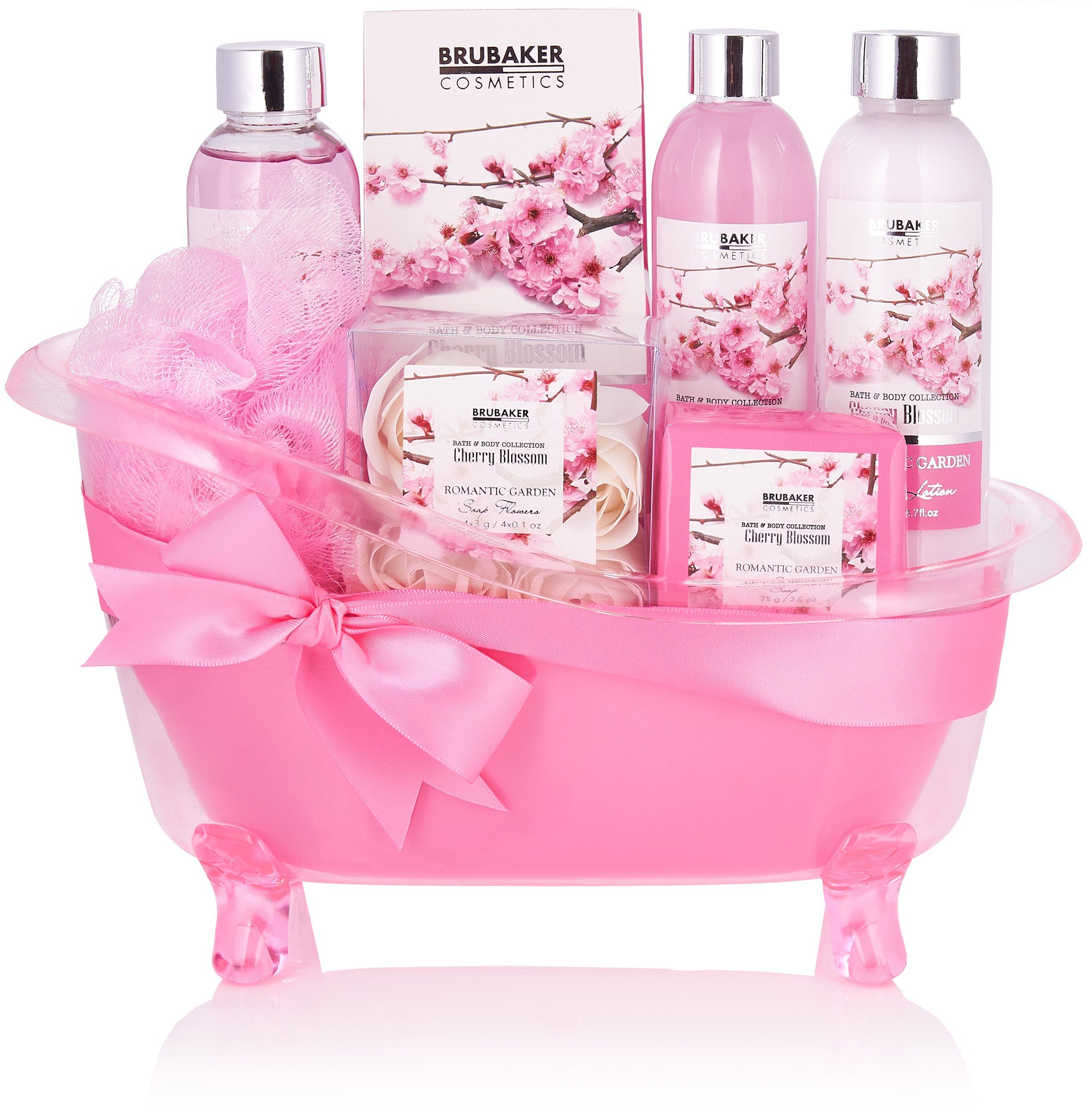 BRUBAKER Hautreinigungs-Set Wellness Geschenkset für Frauen Kirschblüten Duft, 8-tlg., Beauty Dusch- und Badeset für Damen, Pflegeset in Deko Badewanne, Rosa