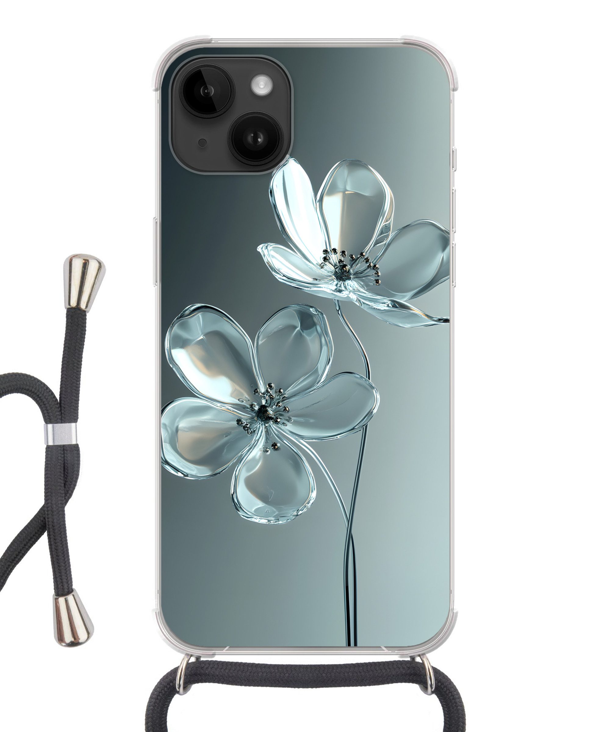 MuchoWow Handyhülle für Apple iPhone 14 Kristall - Blumen - Grau, Tragbare Handyhüllen mit Kette zum umhängen, Handykette Handyband