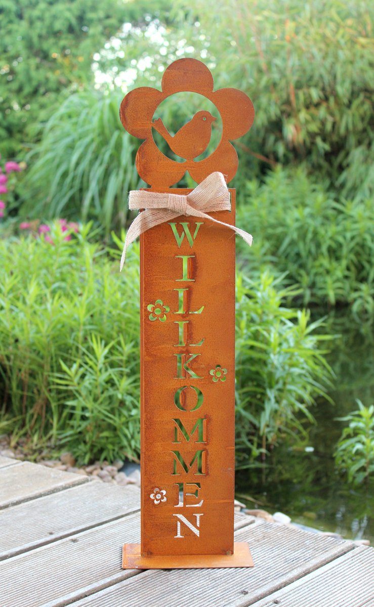 LB H&F Lilienburg Dekofigur Gartendeko Rost Metall Schild Aufsteller Figur Deko (Metallschild Säule Steele Stele Vogel Herbstdeko Dekofigur Gartenparty Frühlingsdeko Gartenschild Hauseingang rostig rostige Geschenk Rostsäule WILLKOMMEN), Eingang Tür Schriftzug Dekofigur Dekoschild Rostdeko Rostschild