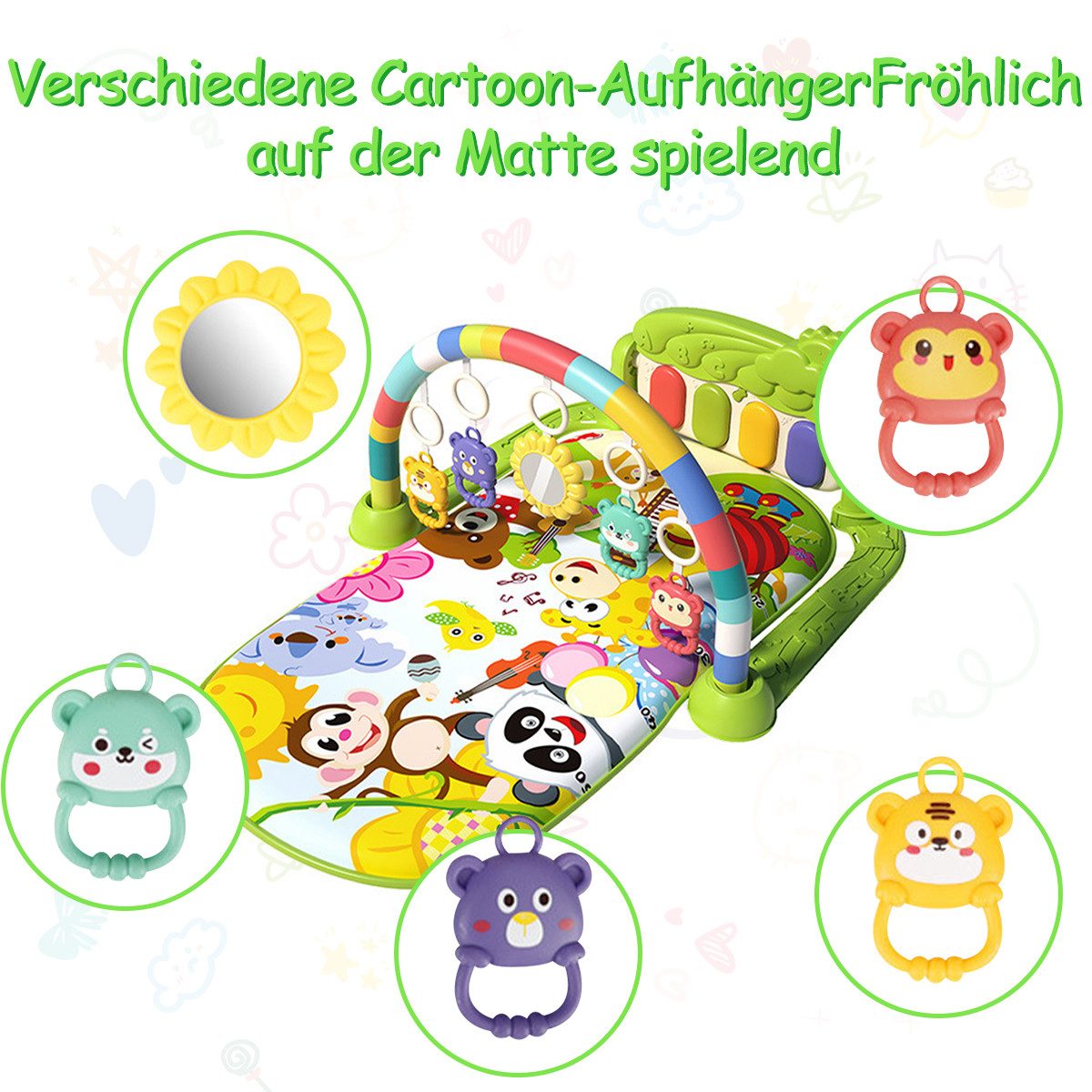 Krabbeldecke Spielmatte mit Spielbogen Baby Lernmatte Spieldecke Erlebnisdecke, MOPUEA, mit Klavier, Licht, Musik, Spiegel Lernspielzeug Waschbar