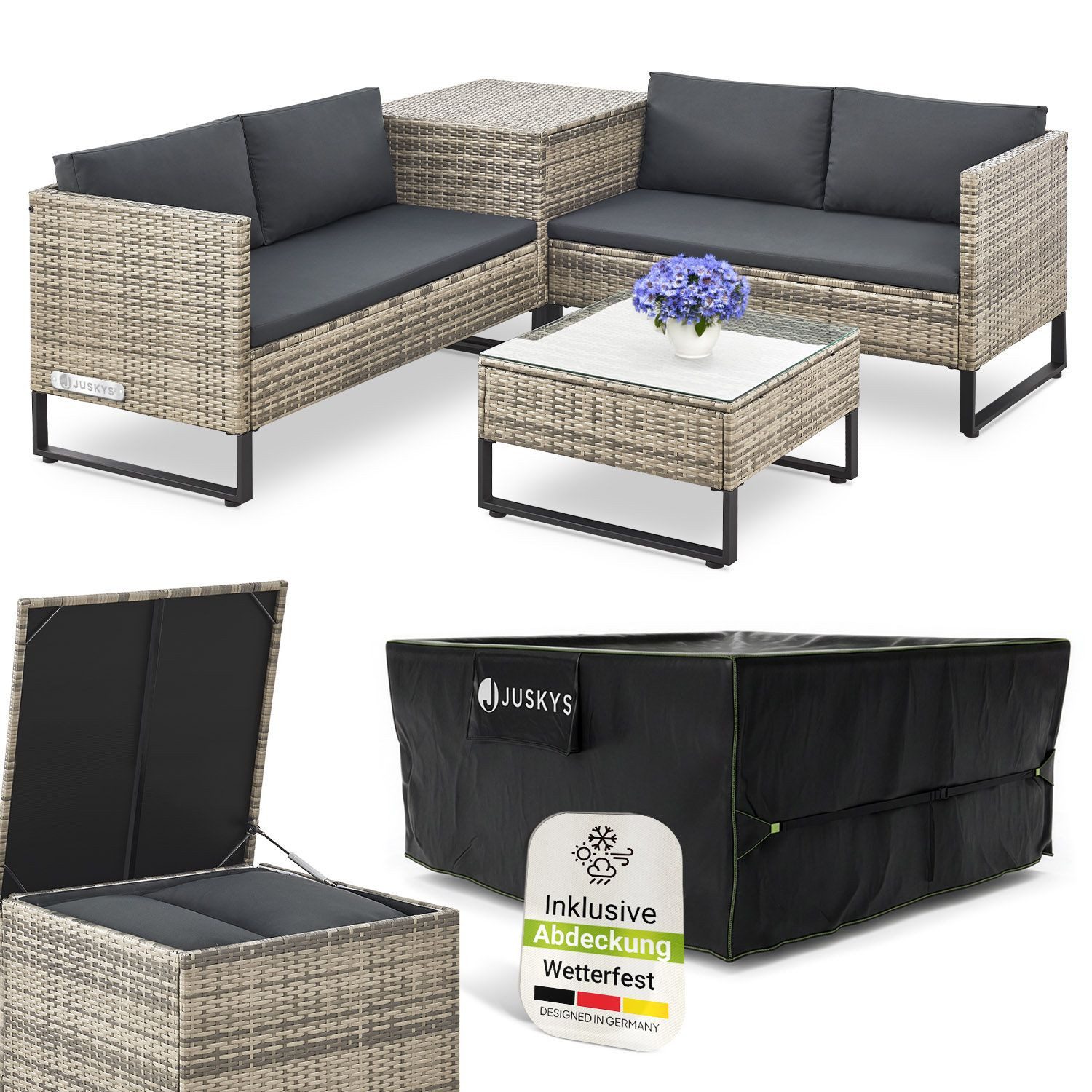 Juskys Gartenlounge-Set Santorini, (4-tlg), Polyrattan Sitzgruppe mit Beistelltisch & Auflagenbox, Abdeckung