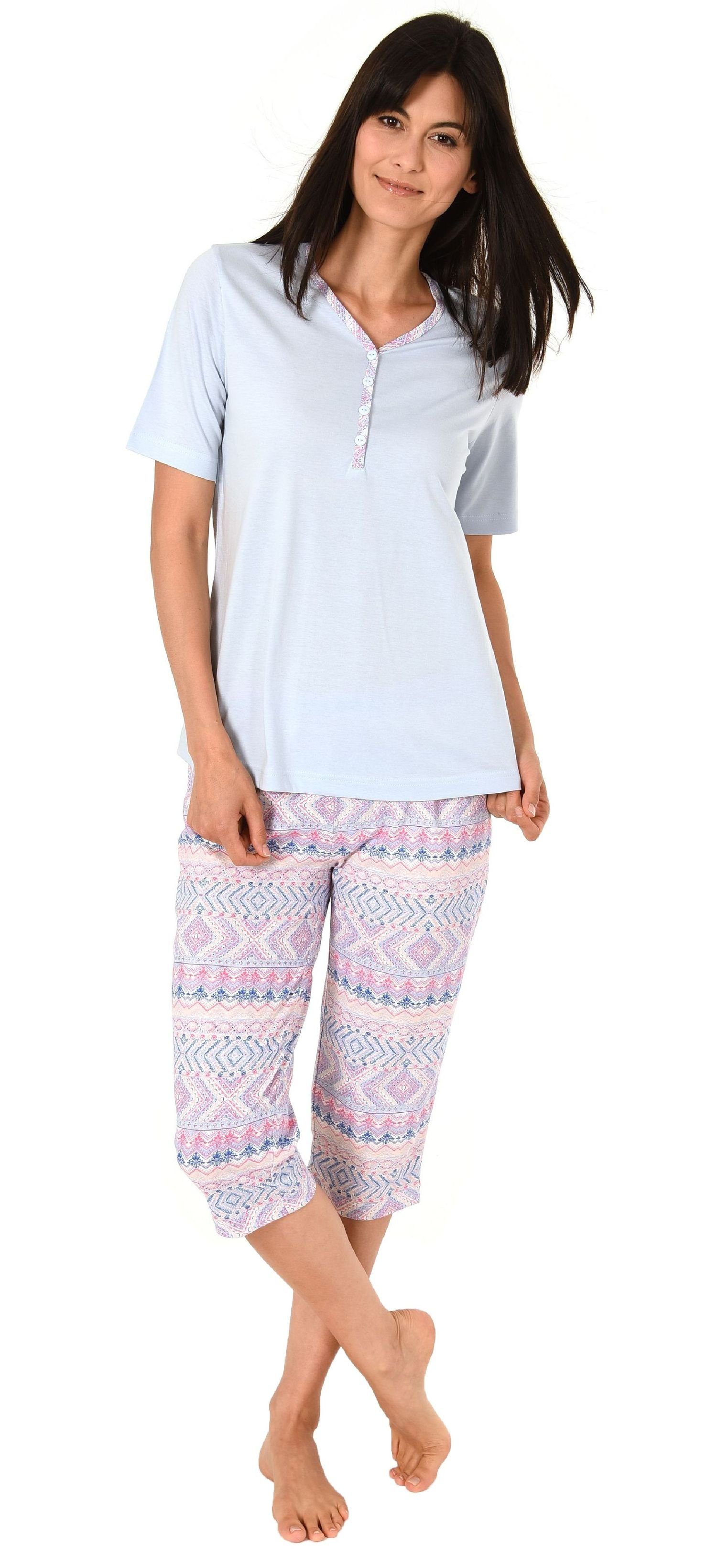 Damen Normann - in Pyjama im Ethnolook Schlafanzug Capri hellblau Übergrössen kurzarm auch