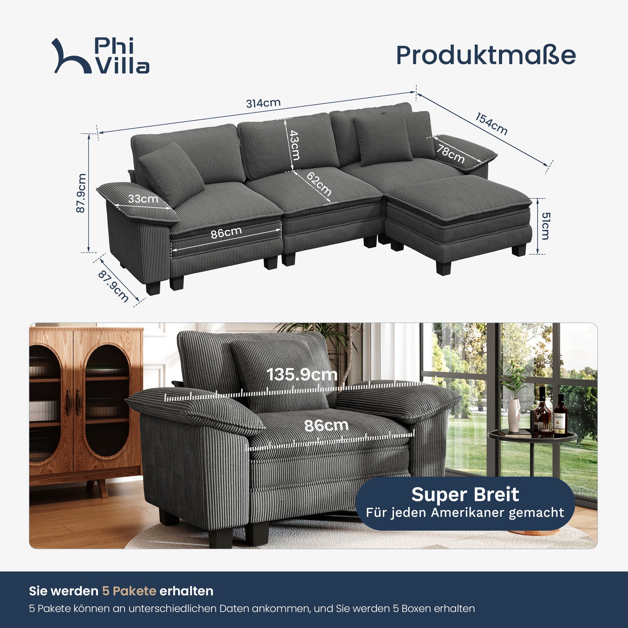 PHI VILLA Ecksofa L-Form Couch, 4-6-Sitzer-Sofa, Modulare Sofas inklusive Zierkissen und Ottomane für das Wohnzimmer