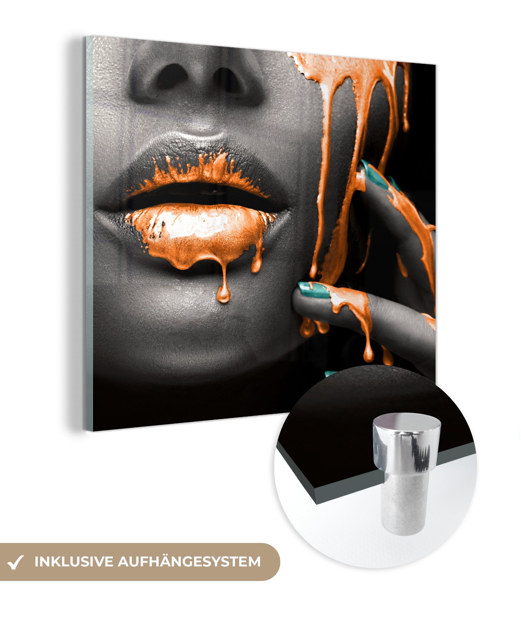 MuchoWow Acrylglasbild Lippen - Orange - Schwarz, (1 St), Glasbilder - Bilder auf Glas Wandbild - Foto auf Glas - Wanddekoration bunt