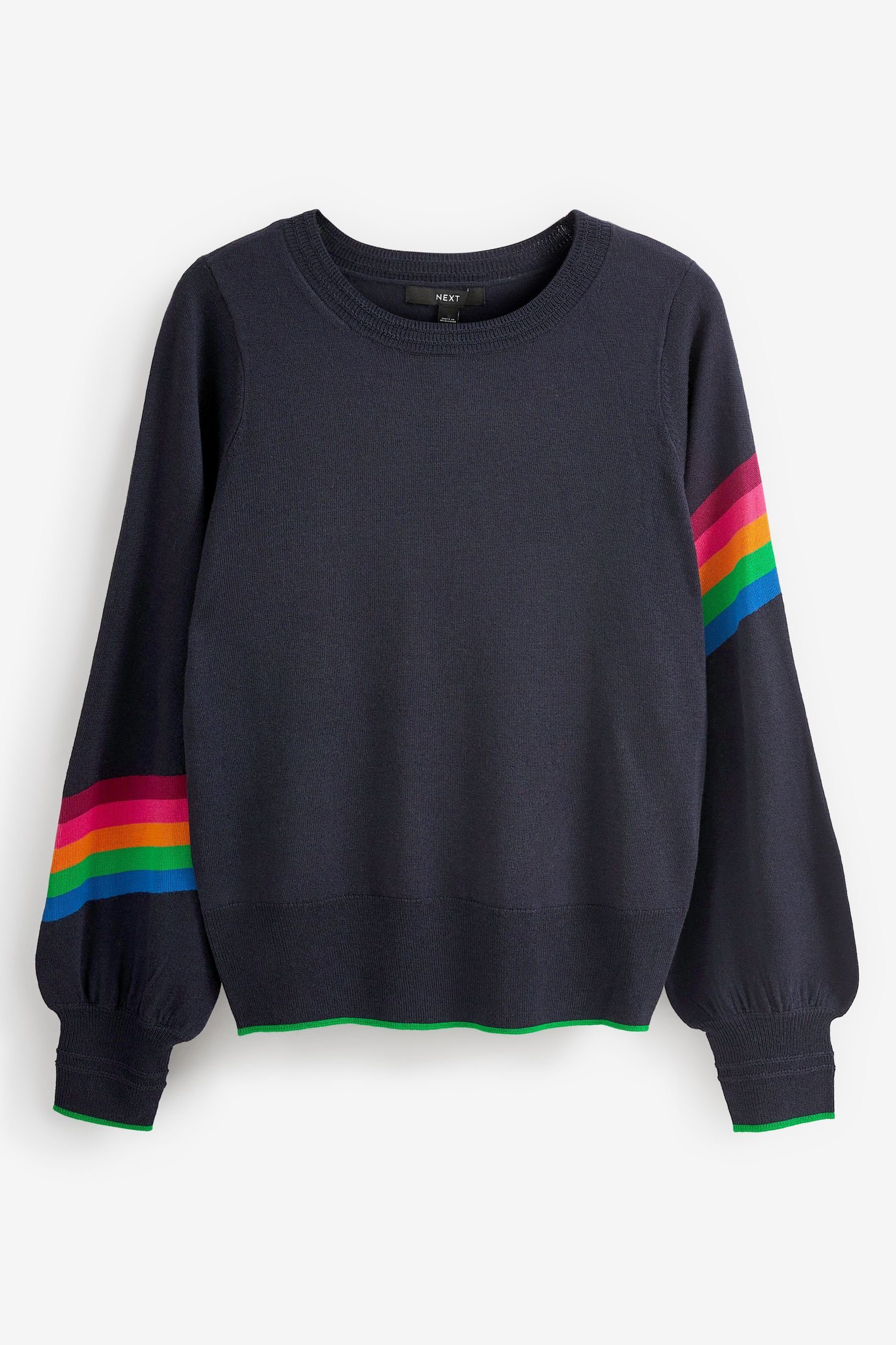 Next Rundhalspullover Pullover mit Rundhalsausschnitt (1-tlg) Navy Blue with Rainbow Stripe Sleeve