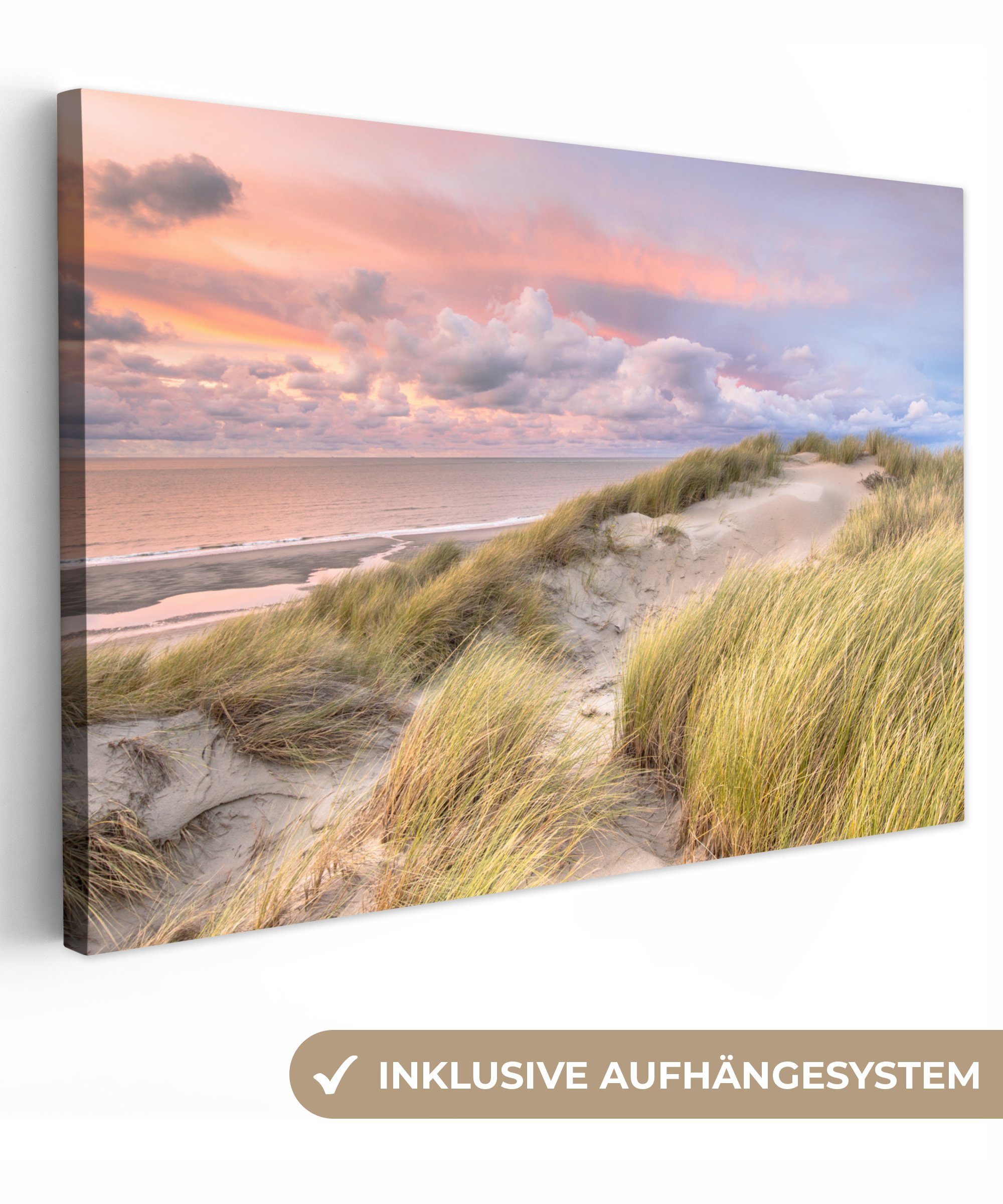 Aufhängefertig, Strand Sonnenuntergang, - - Leinwandbild cm OneMillionCanvasses® Meer Wandbild Düne St), - (1 Wanddeko, 30x20 Leinwandbilder,