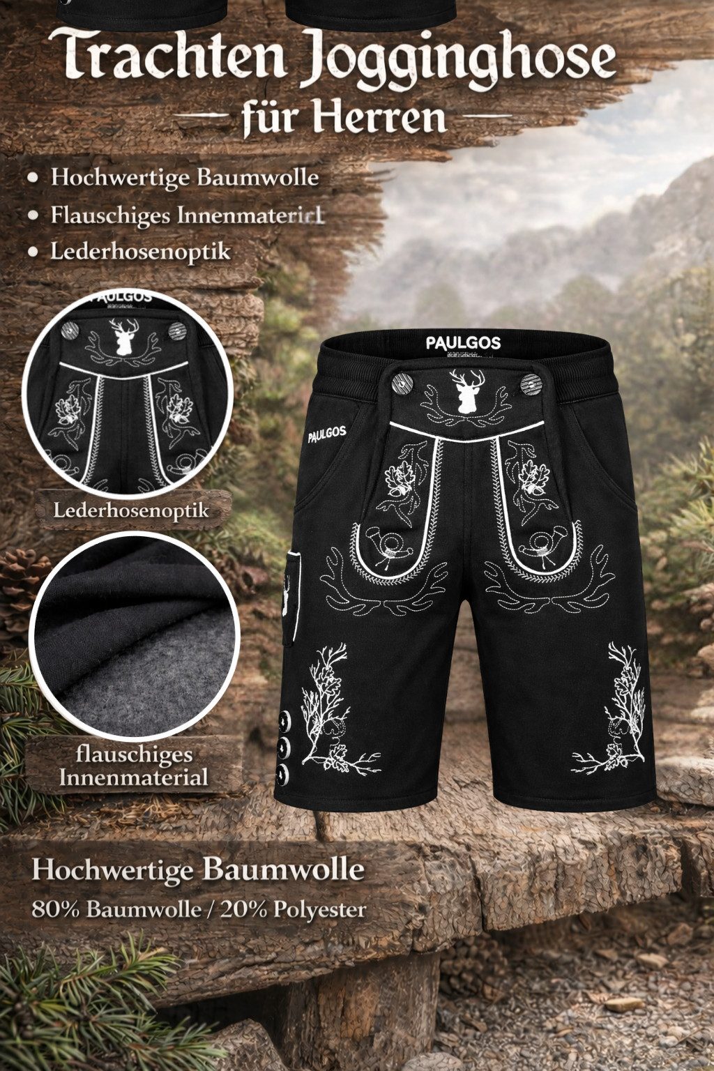 PAULGOS Trachtenhose Herren Jogginghose Design Lederhose Kurz Sweathose Bermuda Shorts JOK3