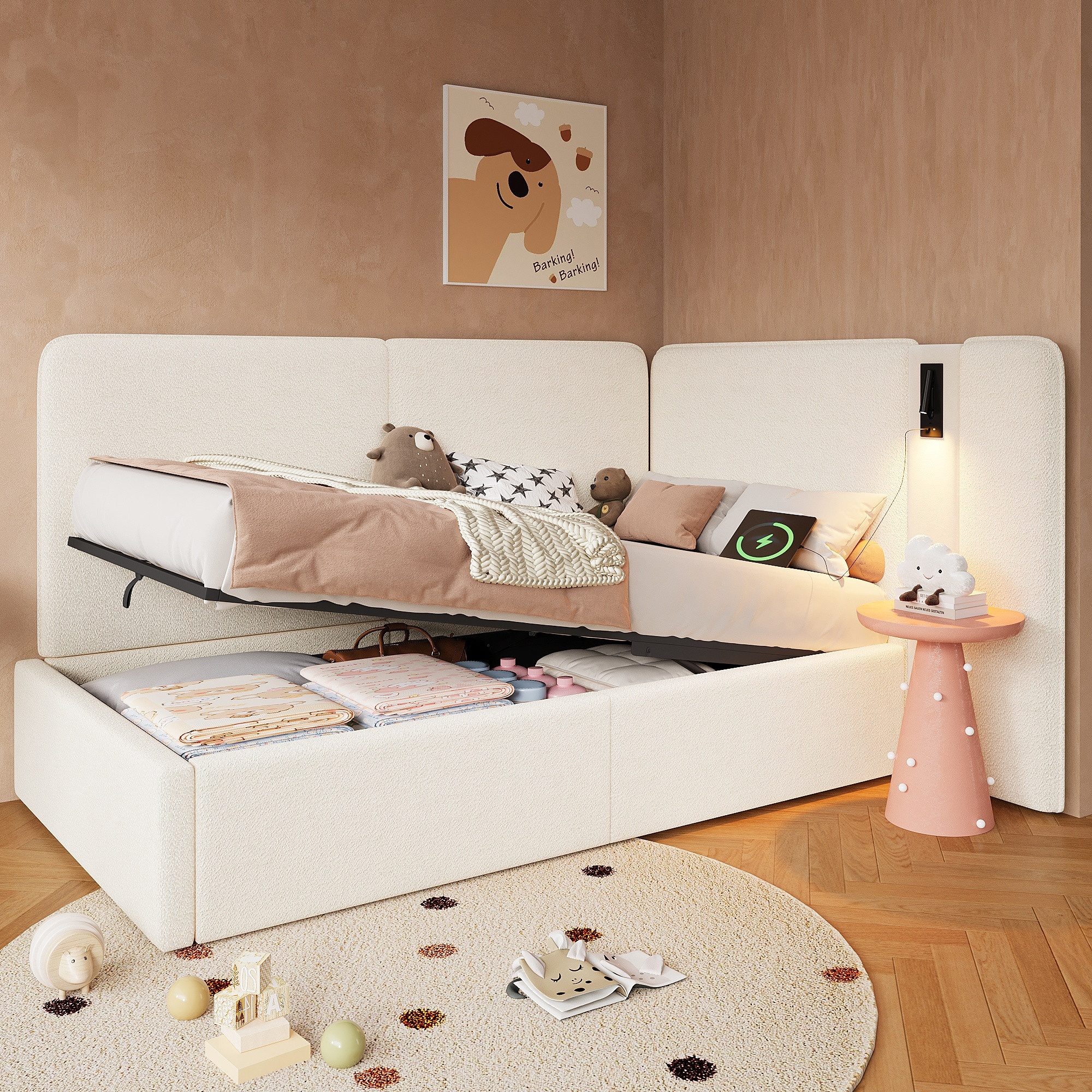 REDOM Polsterbett 90x200 cm mit USB- und Type-C-Anschlüssen (Packung, 1-tlg., Hydraulik-Stauraum, Leselampe inklusive, als Tagesbett), Ideal als Sofabett & Gästebett mit Komfort(ohne Matratze)