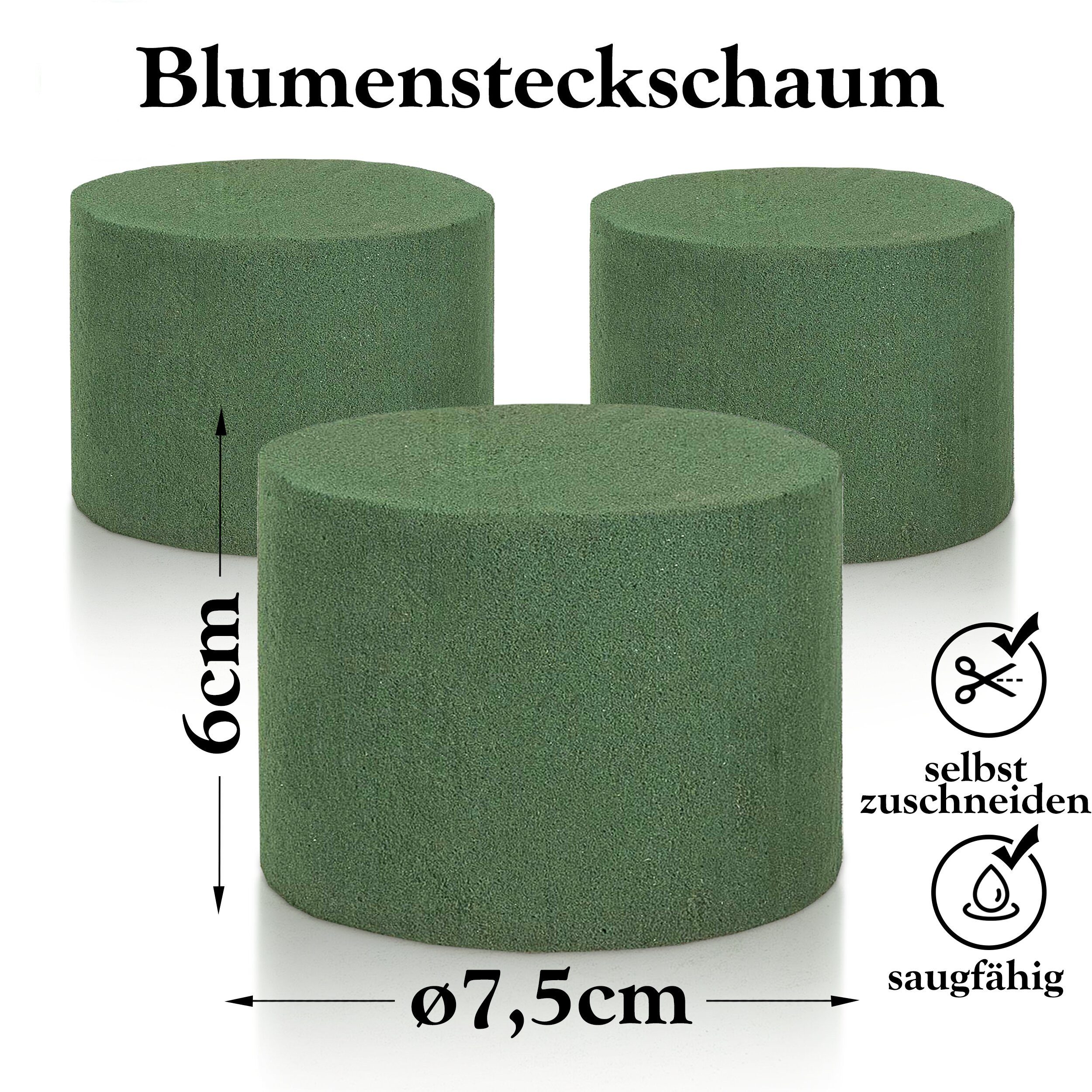 Oramics Bastelmoos Steckschaum Steckschwamm rund zylinder 7x6cm Nasssteckschaum Steckmoos, (Steckmoos Steckmasse für Frischblumen Blumen Gesteck Blumenstrauß 3-tlg), schneidbar, leicht in Verarbeitung und Nutzung, formstabil