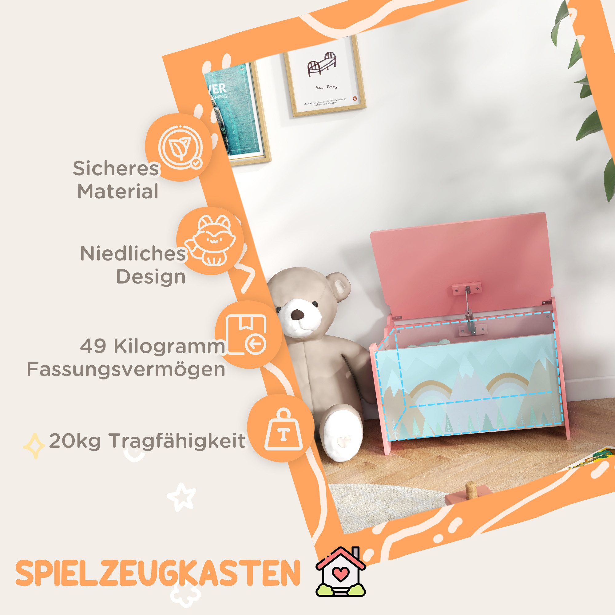 ZONEKIZ Aufbewahrungsbox Spielzeugkiste Sicherheitsscharnier Griff Spielzeug Aufbewahrung (Spielzeugtruhe, 1 St., Spielzeugbox), für Kinderzimmer, Schlafzimmer, – Bild 4 von 5