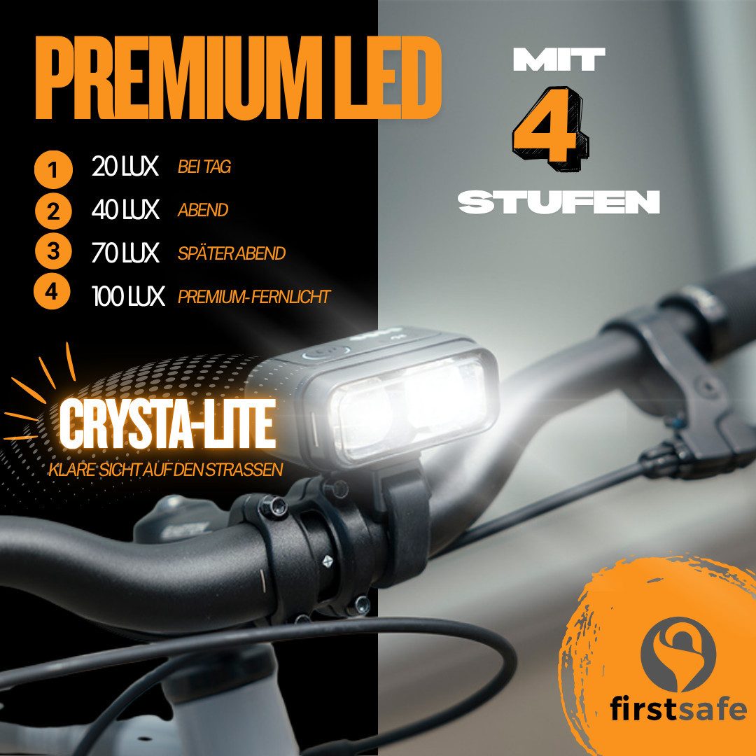 firstsafe Fahrradbeleuchtung Premium Fahrradlicht Set 100 LUX – Fernlicht & Bremslicht, Fernlichtfunktion, Bremslichtsensor, abnehmbar, wetterfest