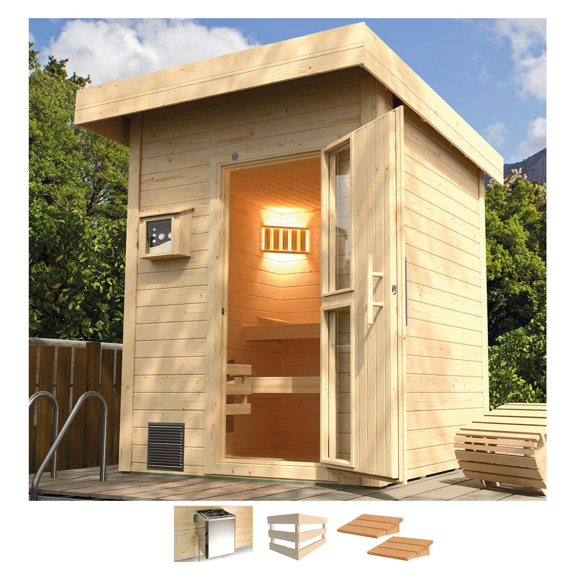 weka Saunahaus »Naantali«, BxTxH: 210 x 249 x 253 cm, 38 mm, 9 kW Bio-Ofen mit ext. Steuerung