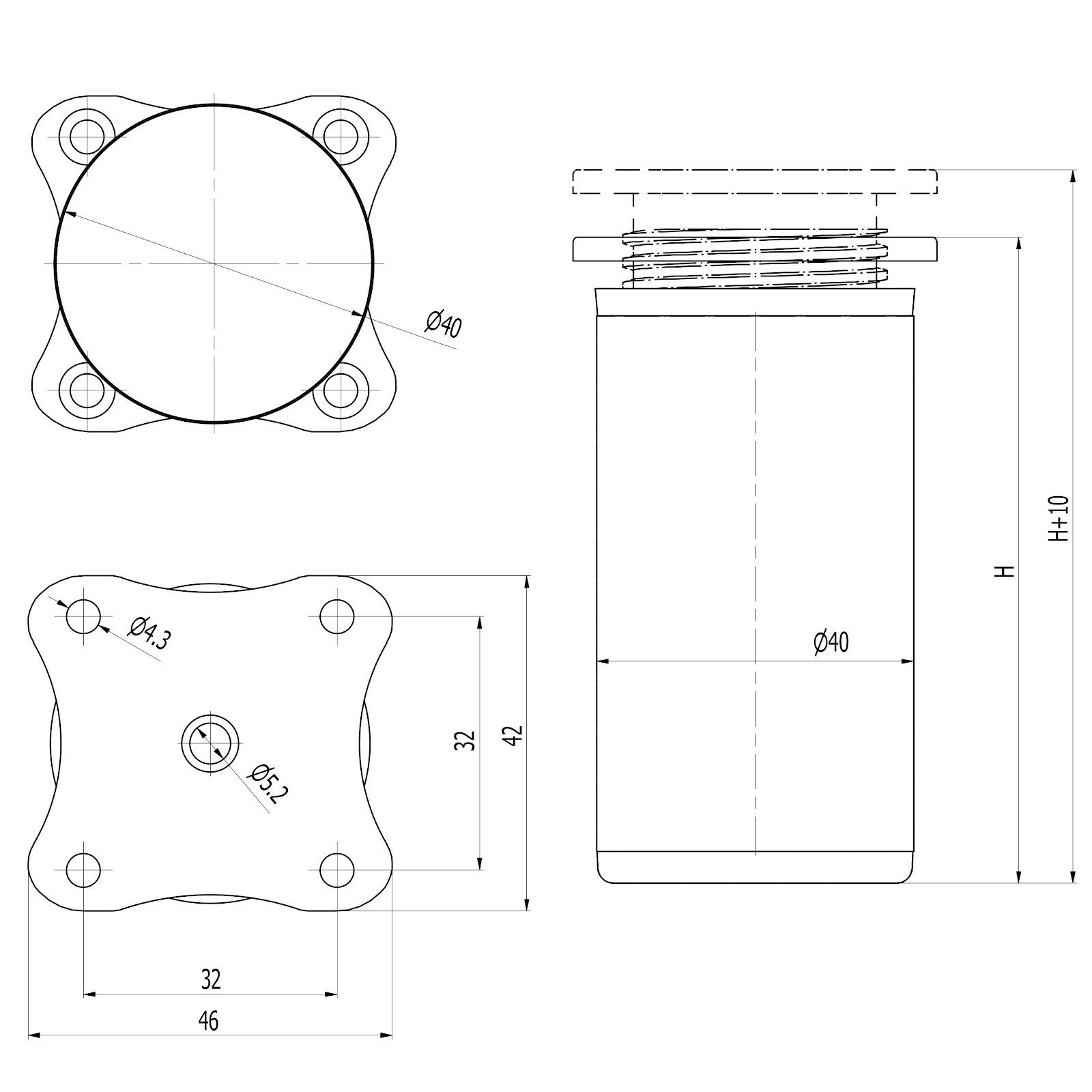 Ø Echo Möbelfuß Aluminium Stück poliert, aus 120 Schrankbeine höhenverstellbare 40 mm) 4 (10 mm mm SO-TECH® Chrom