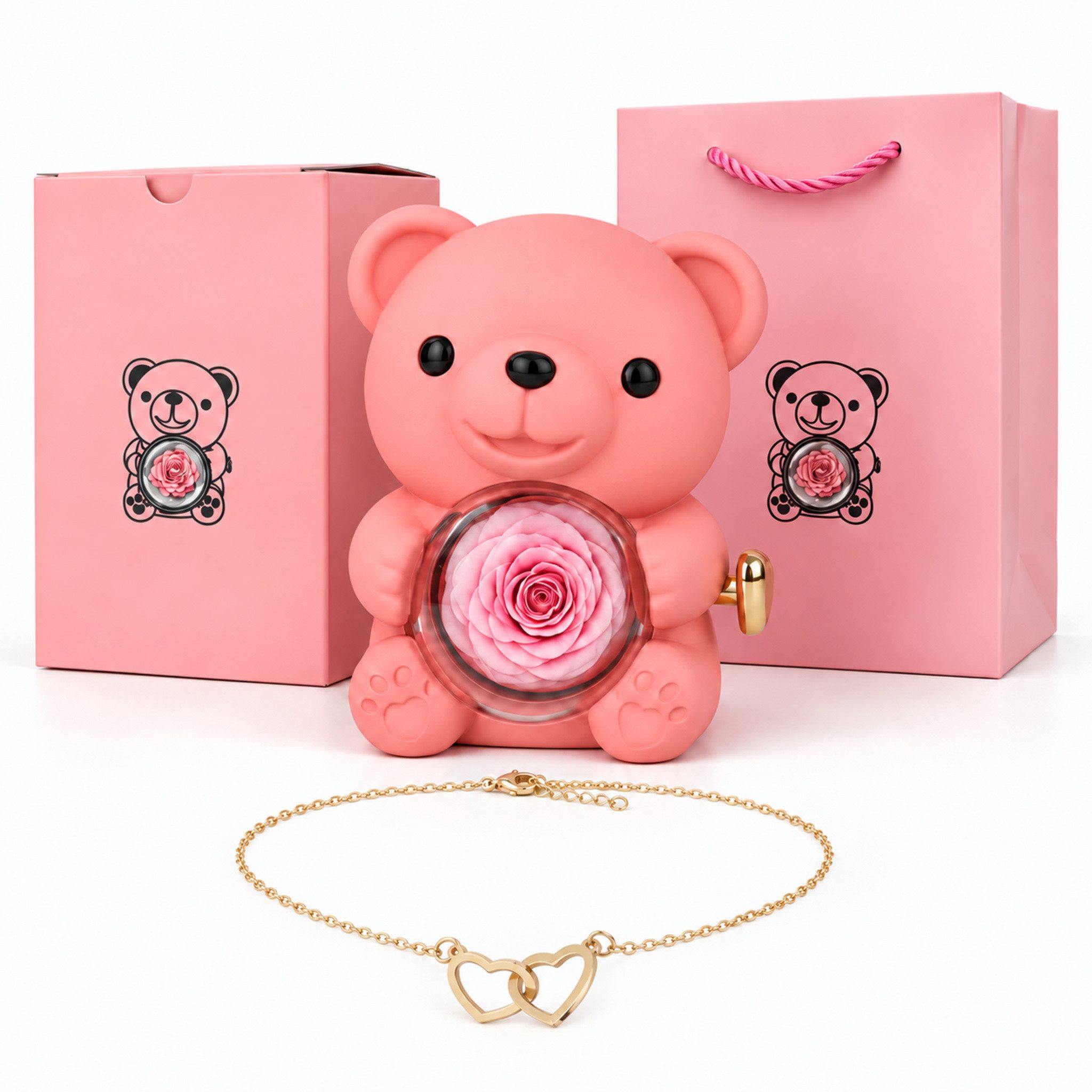 Kunstblume Ewige Rose Valentinstagsgeschenk, Rosenbär, Halskette mit Verpackung, Norvéa Home, Umfangreiches Geschenkset mit einer Halskette & ewigen Rose