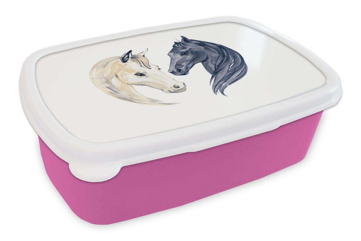 MuchoWow Lunchbox Pferde - Aquarell - Weiß - Mädchen - Kinder - Mädchen, Kunststoff, (2-tlg), Brotbox für Erwachsene, Brotdose Kinder, Snackbox, Mädchen, Kunststoff rosa