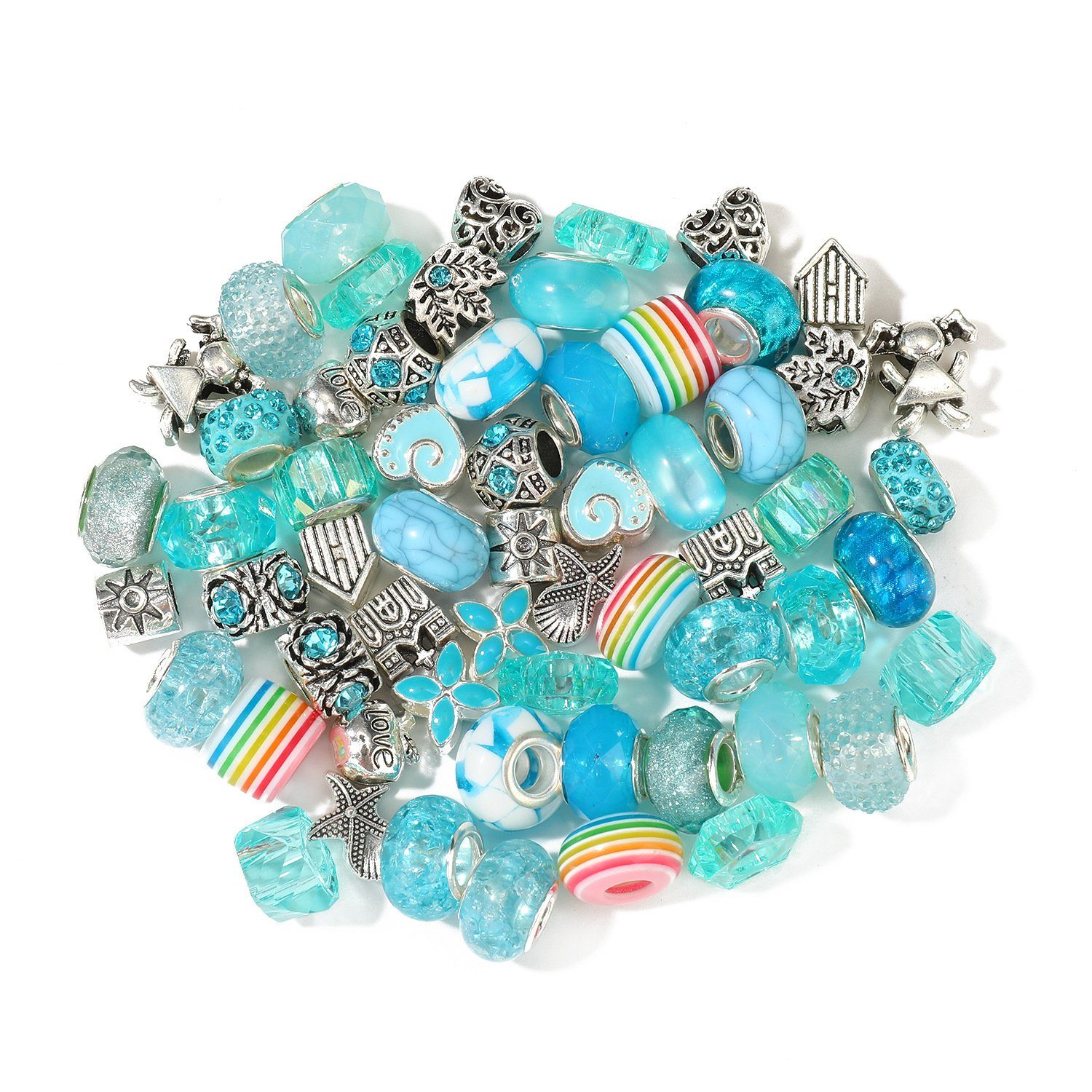 Kopper-24 Bastelperlen Großlochperlen Glasperlen Charm Mix mit 60 Perlen, Türkis