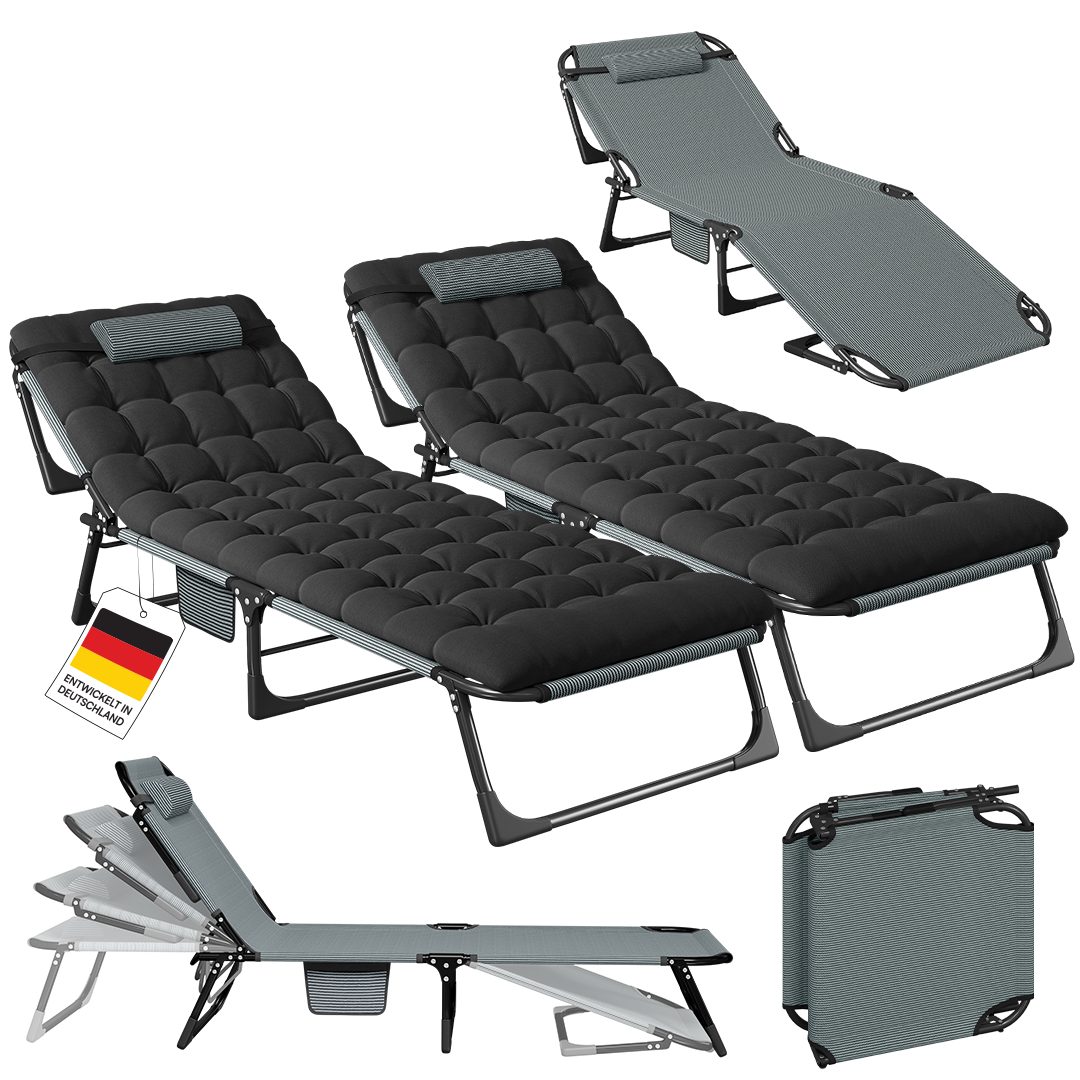 STEELSØN Gartenliege Nysaris klappbare Sonnenliege mit Polsterauflage, schwarz, 2 St., 2x Liege, Outdoor-Liegestuhl wetterfest, platzsparende Campingliege