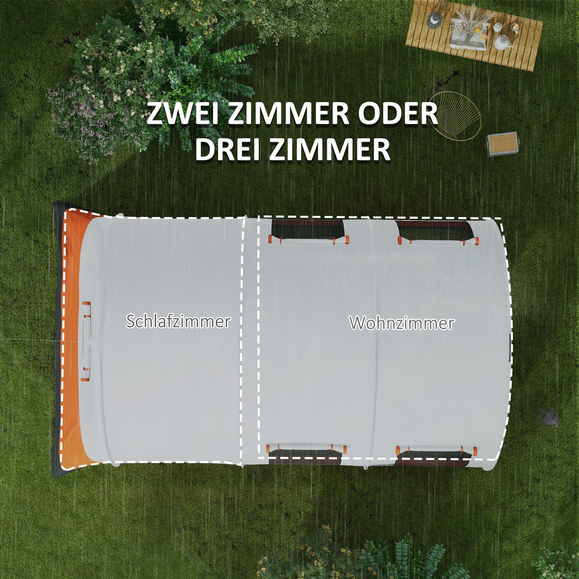 Outsunny Tunnelzelt mit 2 Räumen, Lichthaken, Tragetasche, Personen: 6 (3000mm wasserabweisend Campingzelt, 1 tlg., Gruppenzelt für 6 Personen), für Garten, Campingplatz, Cremeweiß