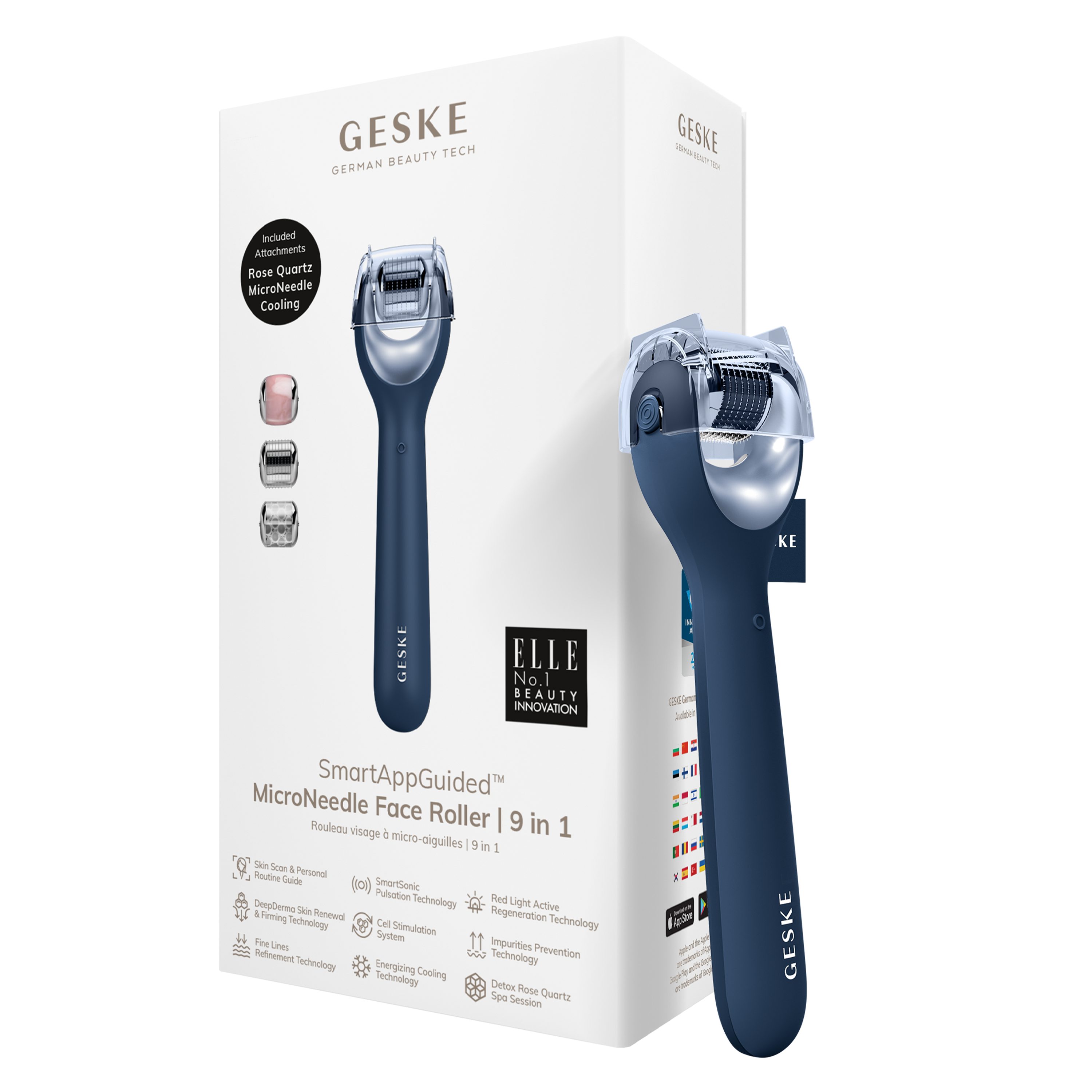 GESKE German Beauty Tech Micro-Needling SmartAppGuided™ MicroNeedle Face Roller 9 in 1, Packung (Gerät & USB-Ladekabel), 2-tlg., Gerät inkl. kostenloser APP (SmartAppGuided Device), Mit der GESKE App erhältst Du deine personalisierte Hautpflegeroutine. Midnight