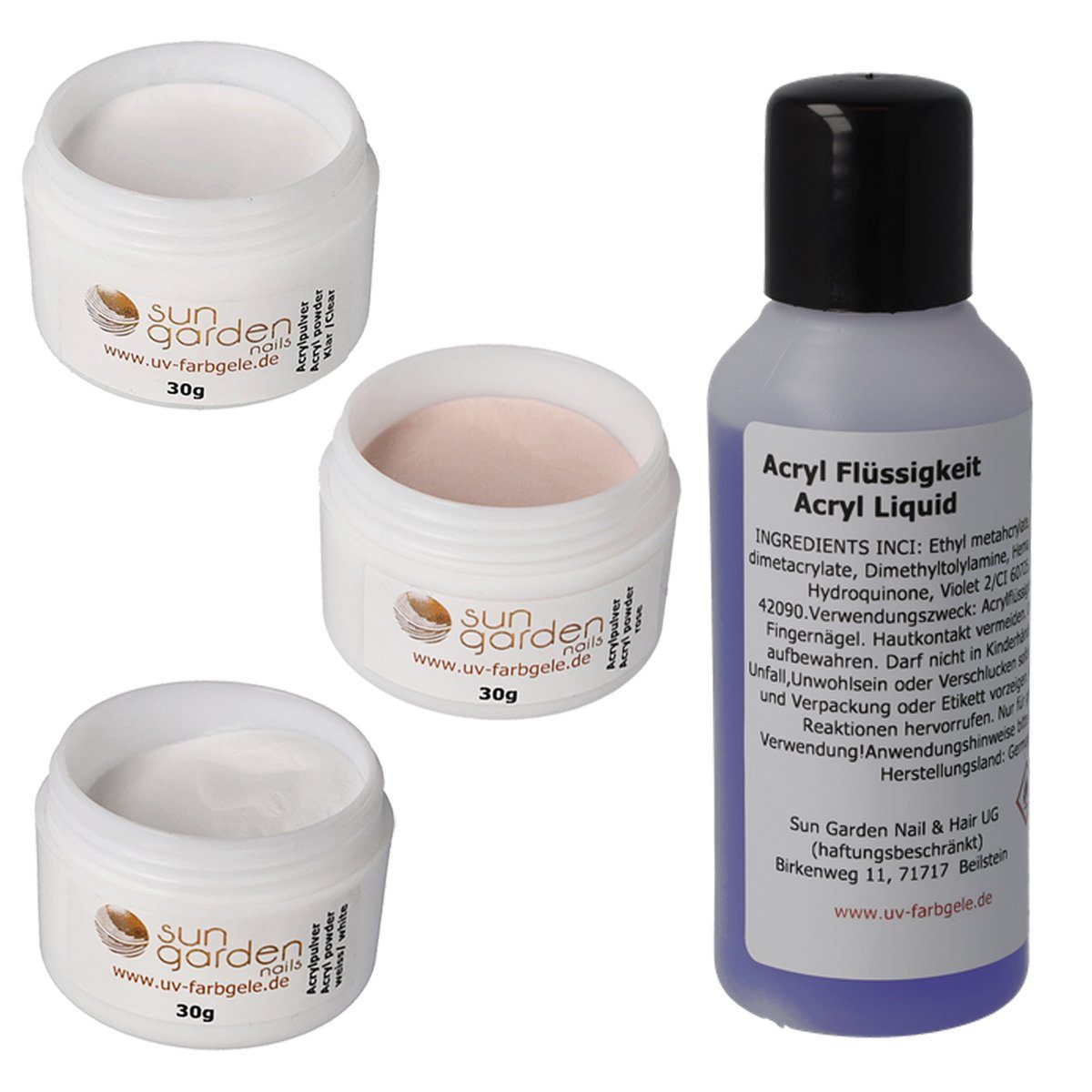 UV-Gel Acryl Pulver Set 3x 30g (Klar Cover, Weiß) inkl. Acrylflüssigkeit