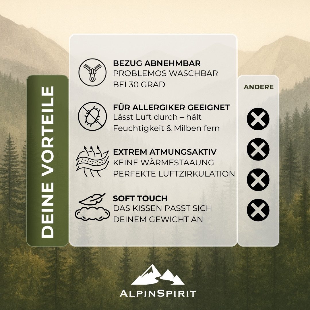 AlpinSpirit Reisekissen AlpinSpirit Camping und Reisekissen [100% Baumwollbezug] waschbar, Atmungsaktiv, Memory Foam Füllung, kleines Packmaß, Travel Pillow