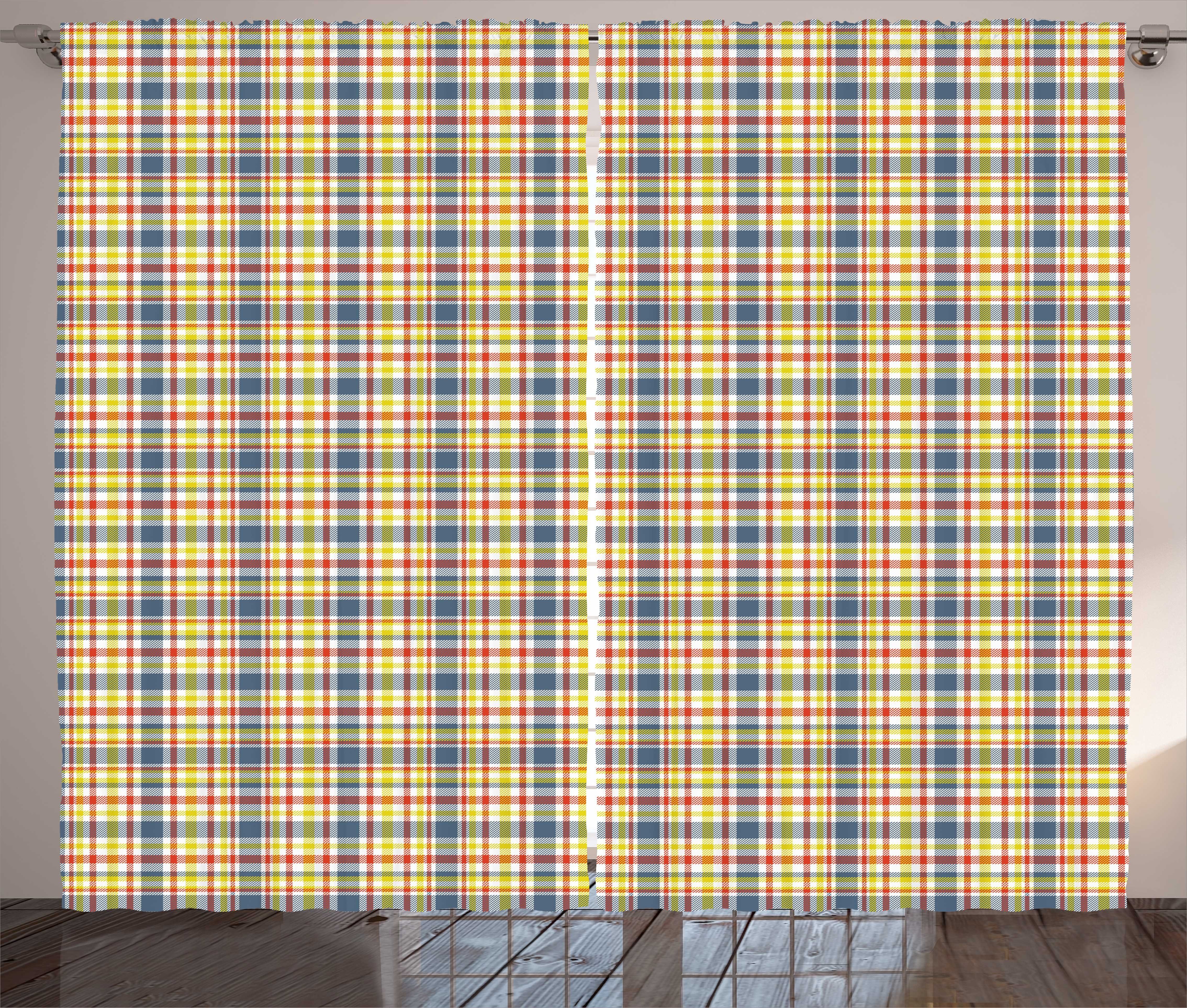 Gardine Schlafzimmer Kräuselband Vorhang mit Schlaufen und Haken, Abakuhaus, grau Gelb Bunt Cheery Plaid