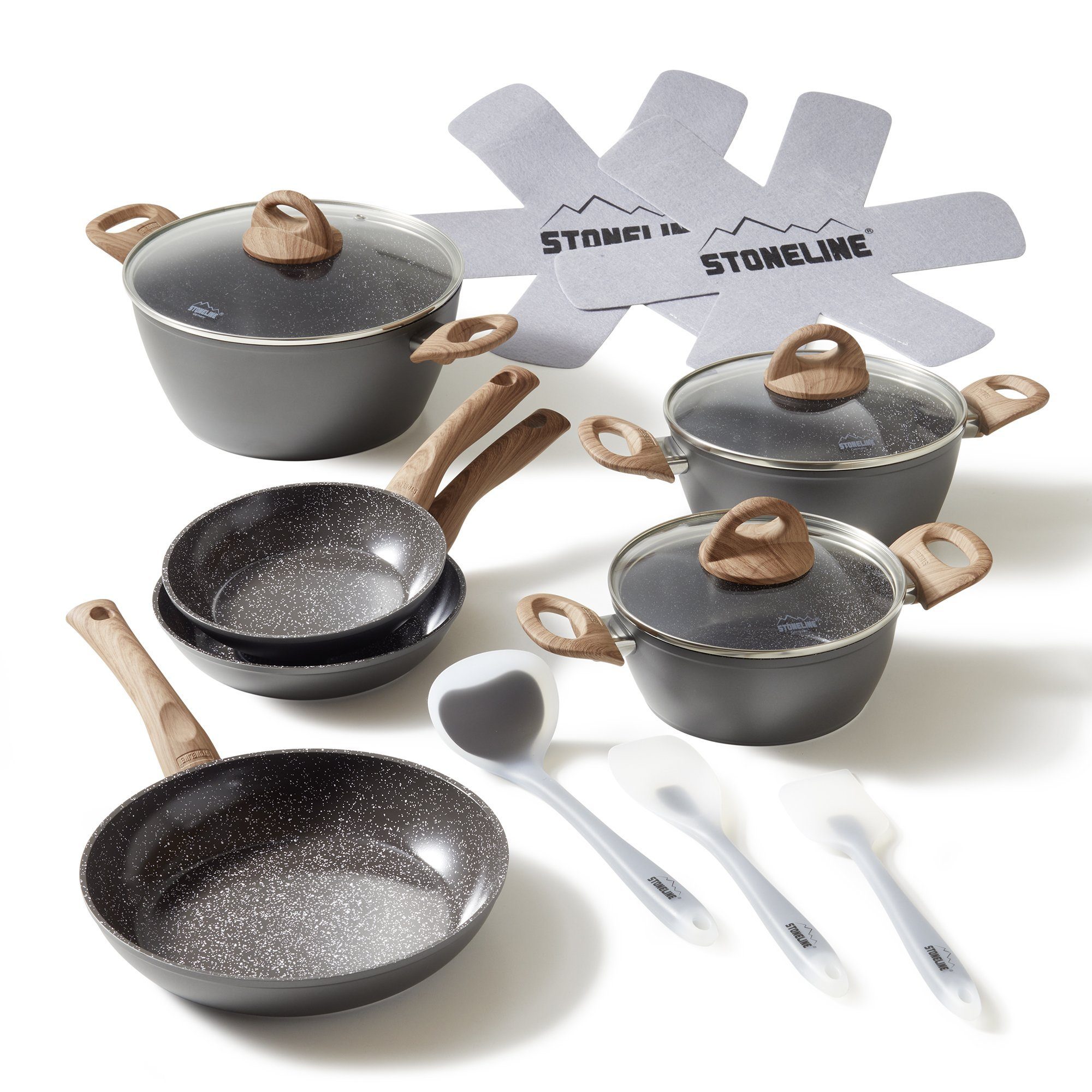 STONELINE Topf-Set Kochgeschirr-Set, 14-teilig, mit Griff in Holzoptik und Glasdeckeln, Keramik, Aluminium (Kochgeschirr-Set, 14-tlg., Kochgeschirr-Set, 3x Kochtopf, 3x Bratpfanne, 3x Glasdeckel, Zubehör), mit echten Steinpartikeln, induktionsgeeignet, Designed in Germany