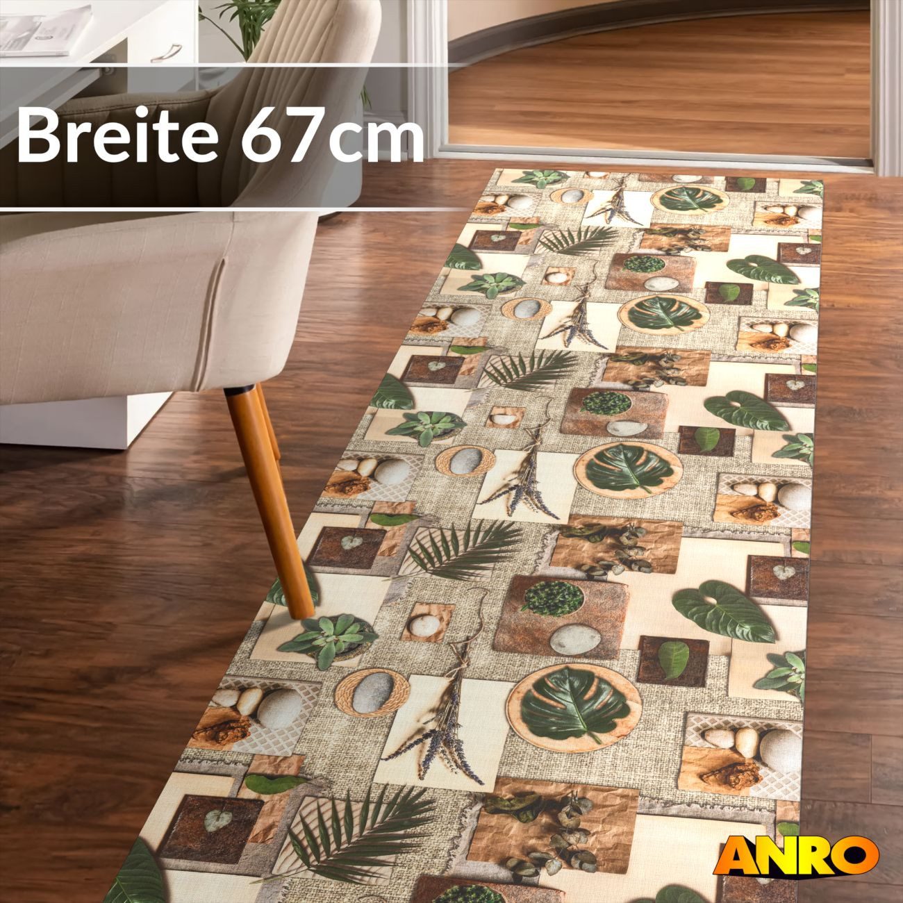 ANRO Küchenläufer Premium Terra Botanica RANNA Läufer Küchenteppich Stoff-Teppich, Rechteckig, Höhe: 3 mm, Stoff schmutzabweisend 67x100cm Industrie Beige robust