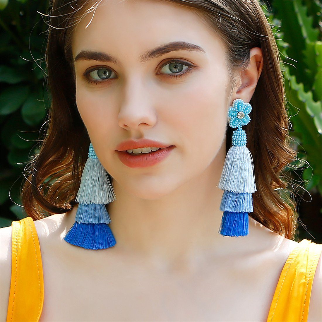 mit blau lange Ohrhänger DÖRÖY florale böhmische Ohrringe Ohrringe, Quaste Paar Zubehör Frauen